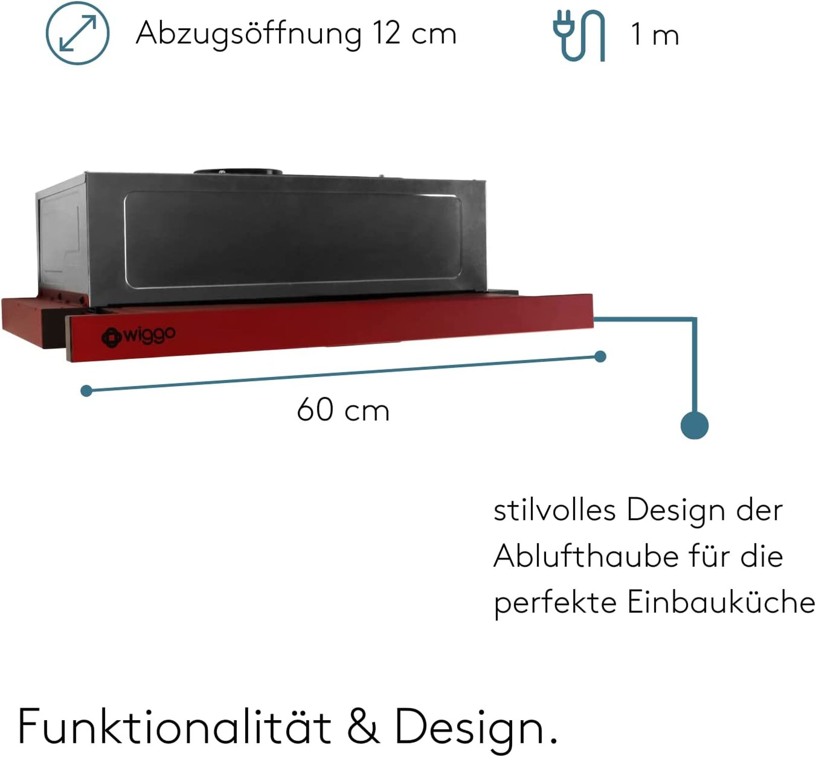 L'image montre les dimensions d'une hotte aspirante WiggO, avec un design rouge et gris.