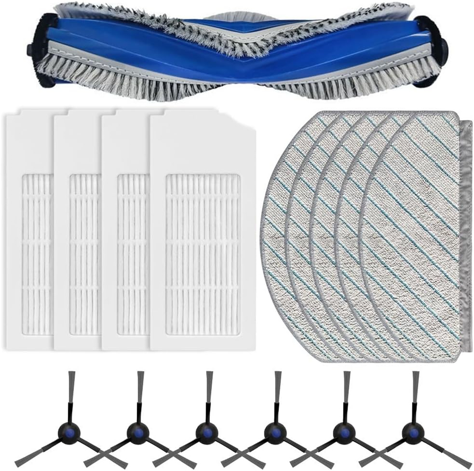 Ein Satz Staubsaugerteile, darunter eine Bürste, Filter und Mopppads. Die Teile sind weiß, blau und schwarz.