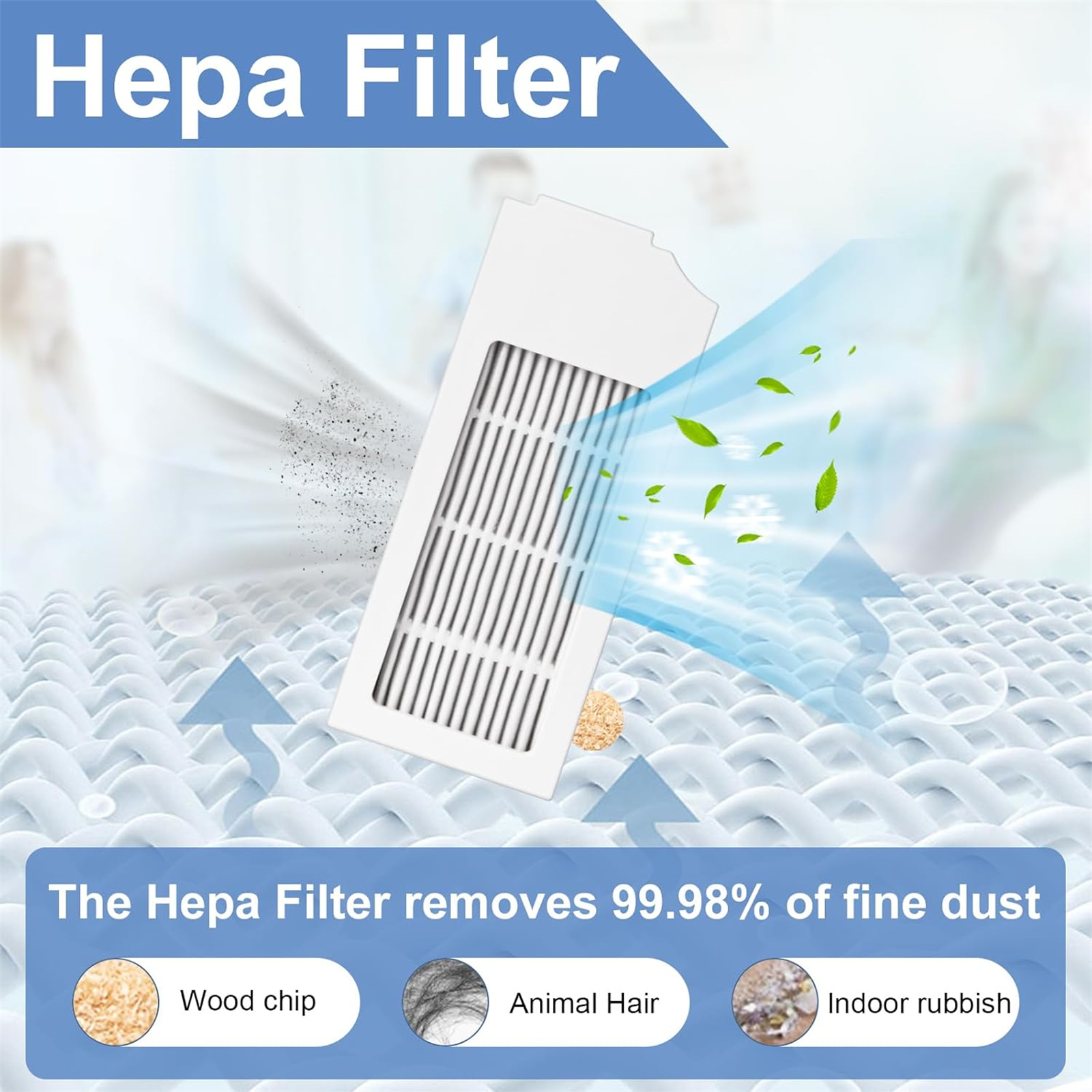Ein weißer Hepa-Filter, durch den Luft strömt und Staub und Schmutz entfernt. Text weist darauf hin, dass er 99,98 % des Feinstaubs entfernt.