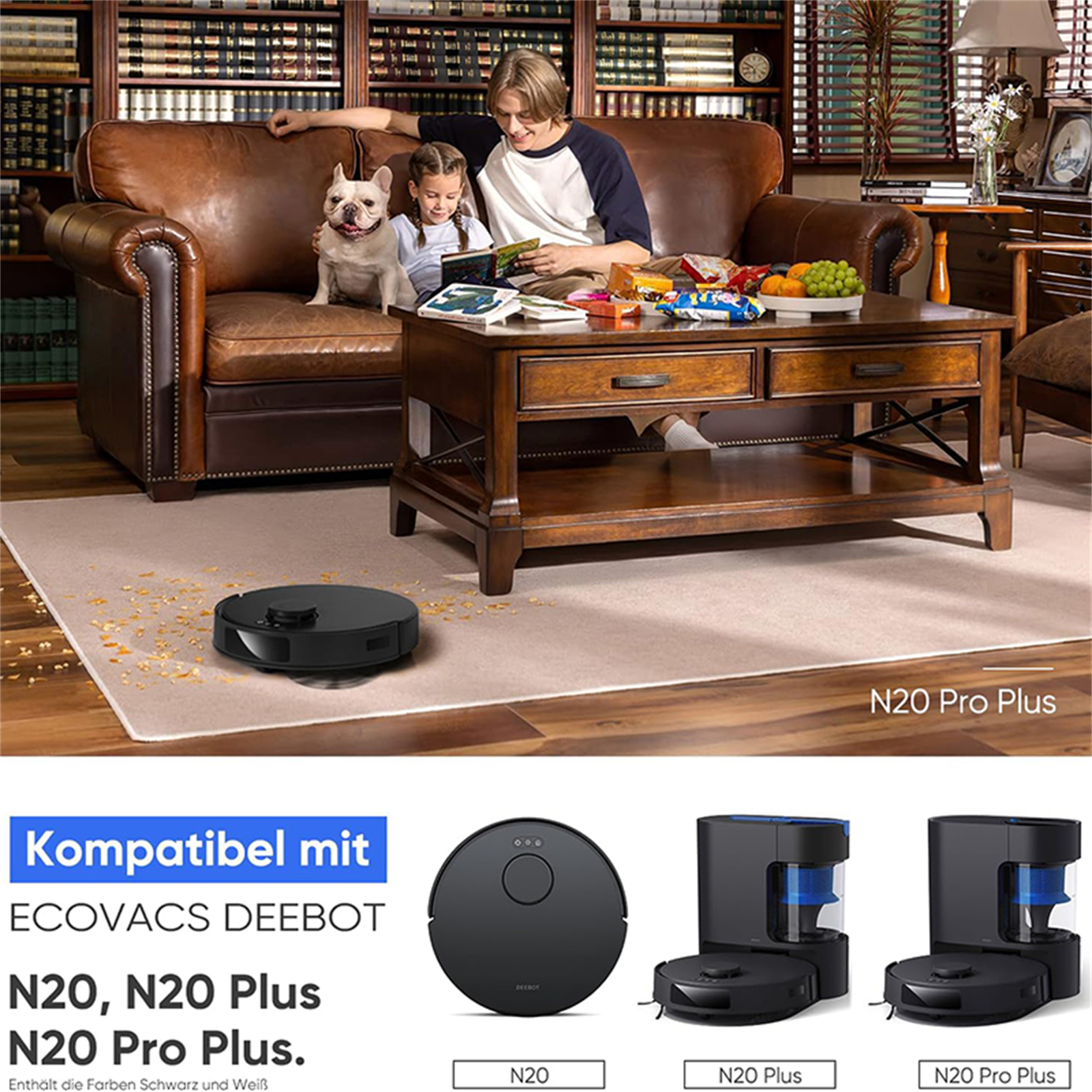 Eine Familie in einem Wohnzimmer mit einem Roboter-Staubsauger. Der Raum hat ein Sofa, einen Couchtisch und ein Bücherregal. Produkte werden gezeigt.