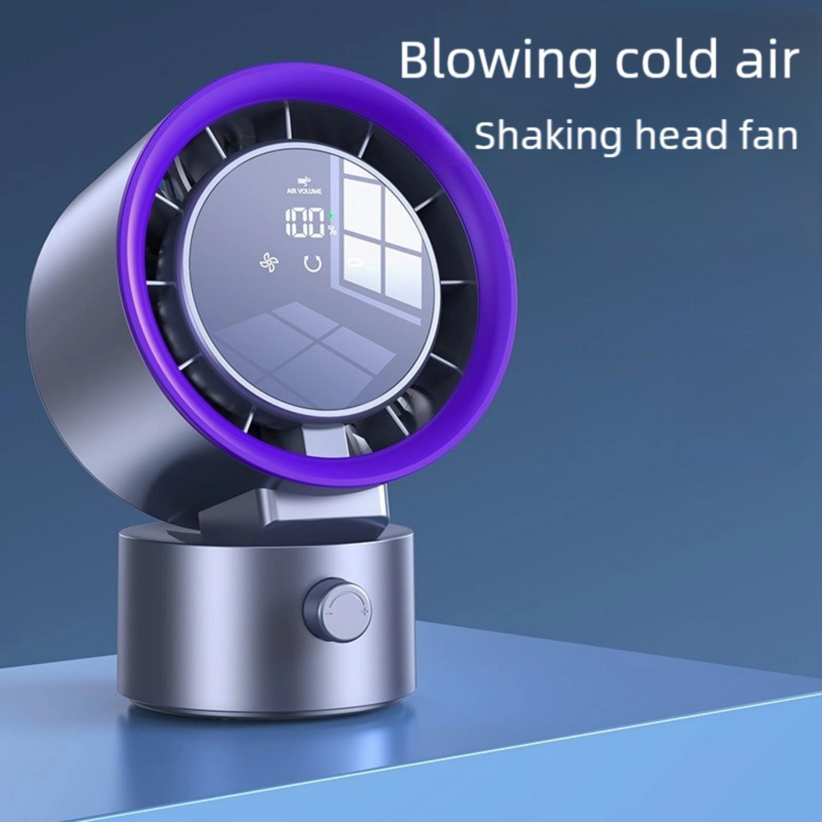 Ein silberner Ventilator mit lila Ring, Digitalanzeige und Text: 'Blowing cold air Shaking head fan'.