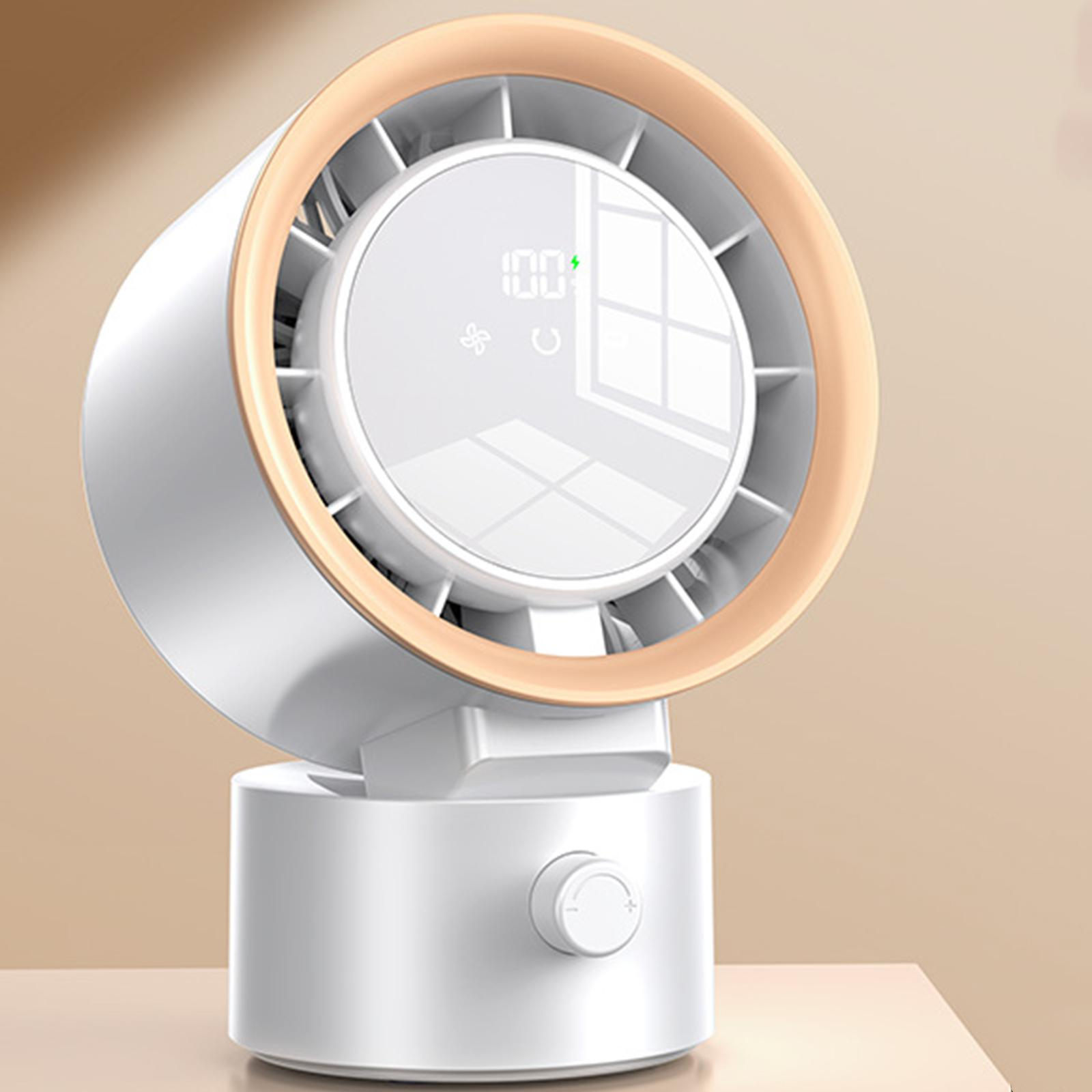 Ein weißer Ventilator mit goldenem Ring und Digitalanzeige. Der Sockel ist silberfarben.