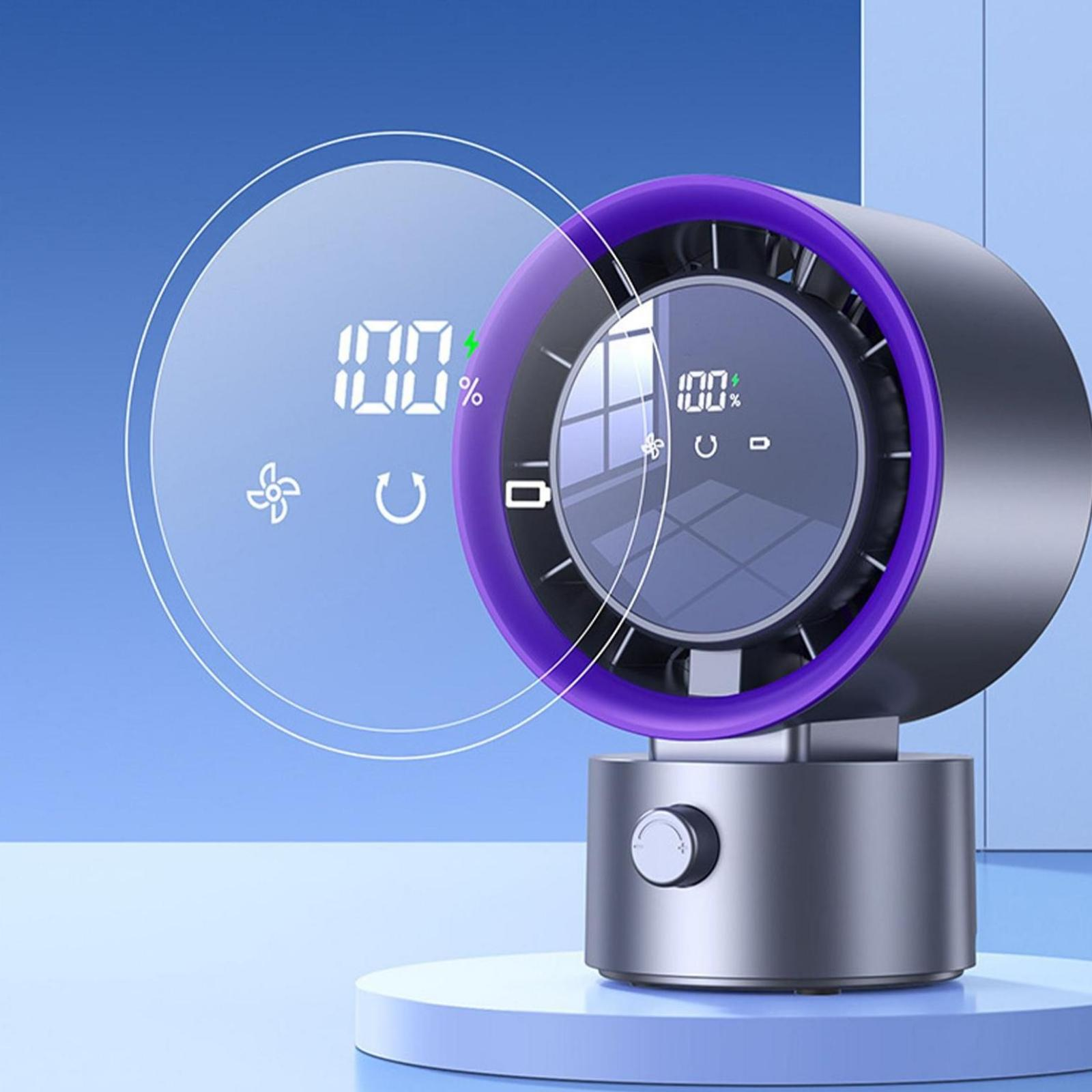 Ein silberner Ventilator mit lila Ring und Digitalanzeige mit Lüftersymbolen, mit klarer Überlagerung.