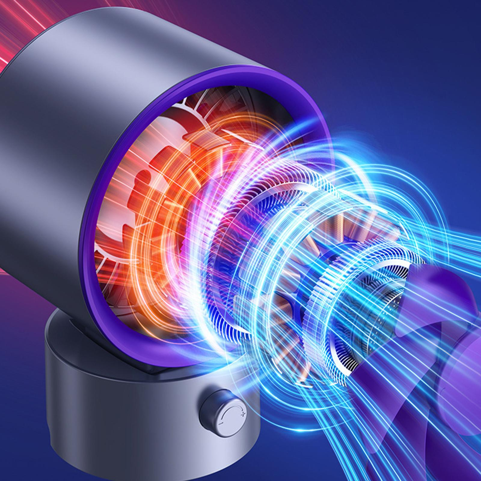 Ein silberner und lila Ventilator mit blauen und orangen Lichtspuren.