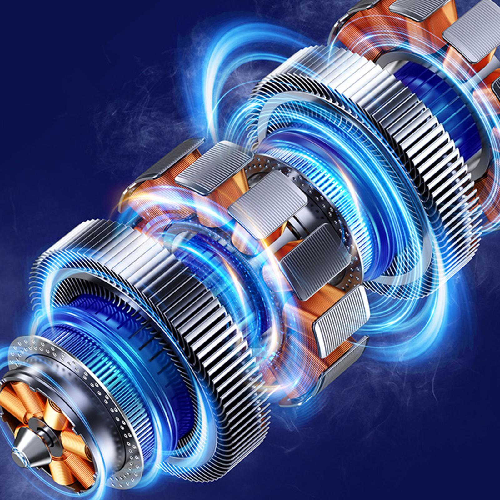 Nahaufnahme der internen Komponenten einer Maschine mit blauen und orangen Lichtern.