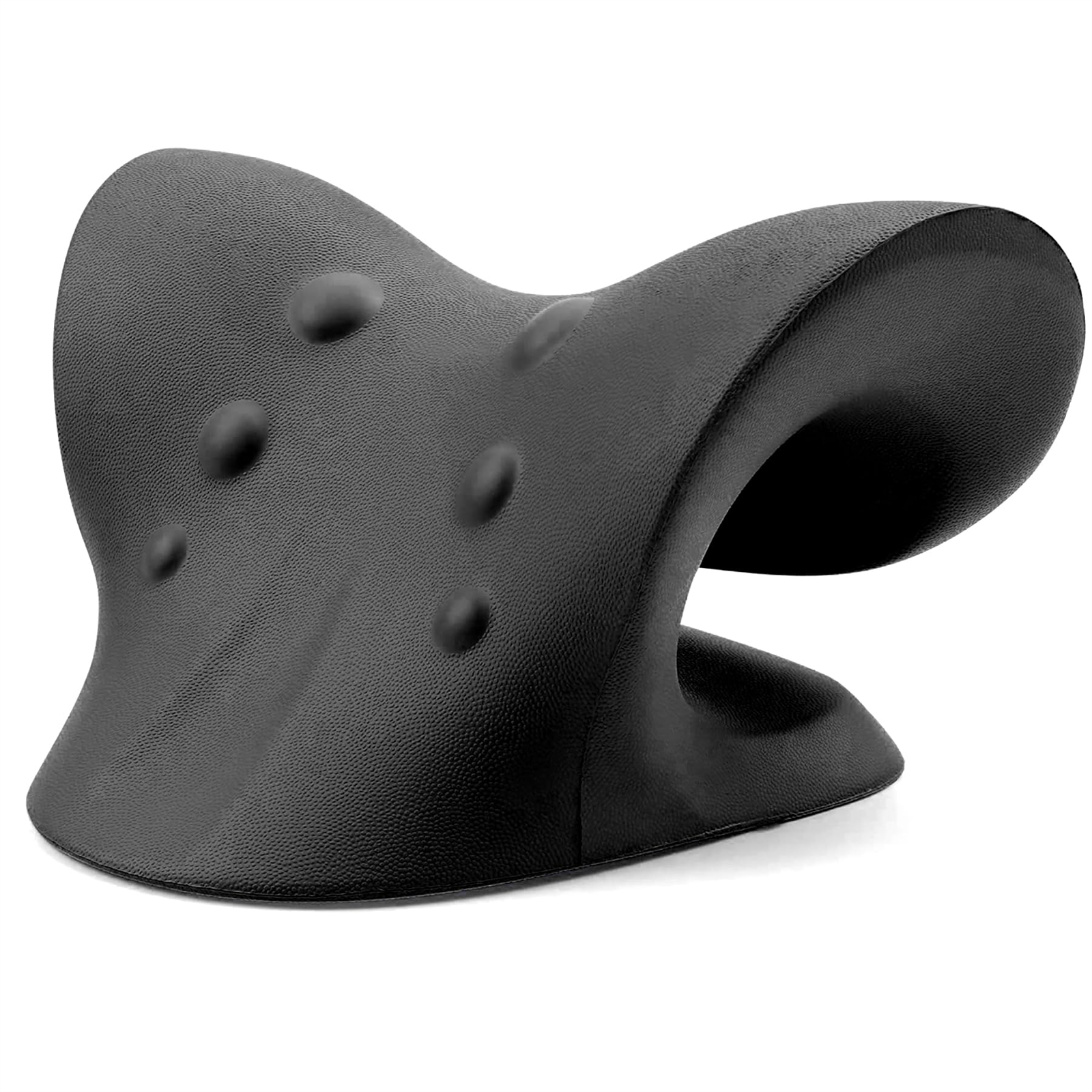 Ein schwarzes Nackenstützkissen mit drei Erhebungen auf weißem Hintergrund.