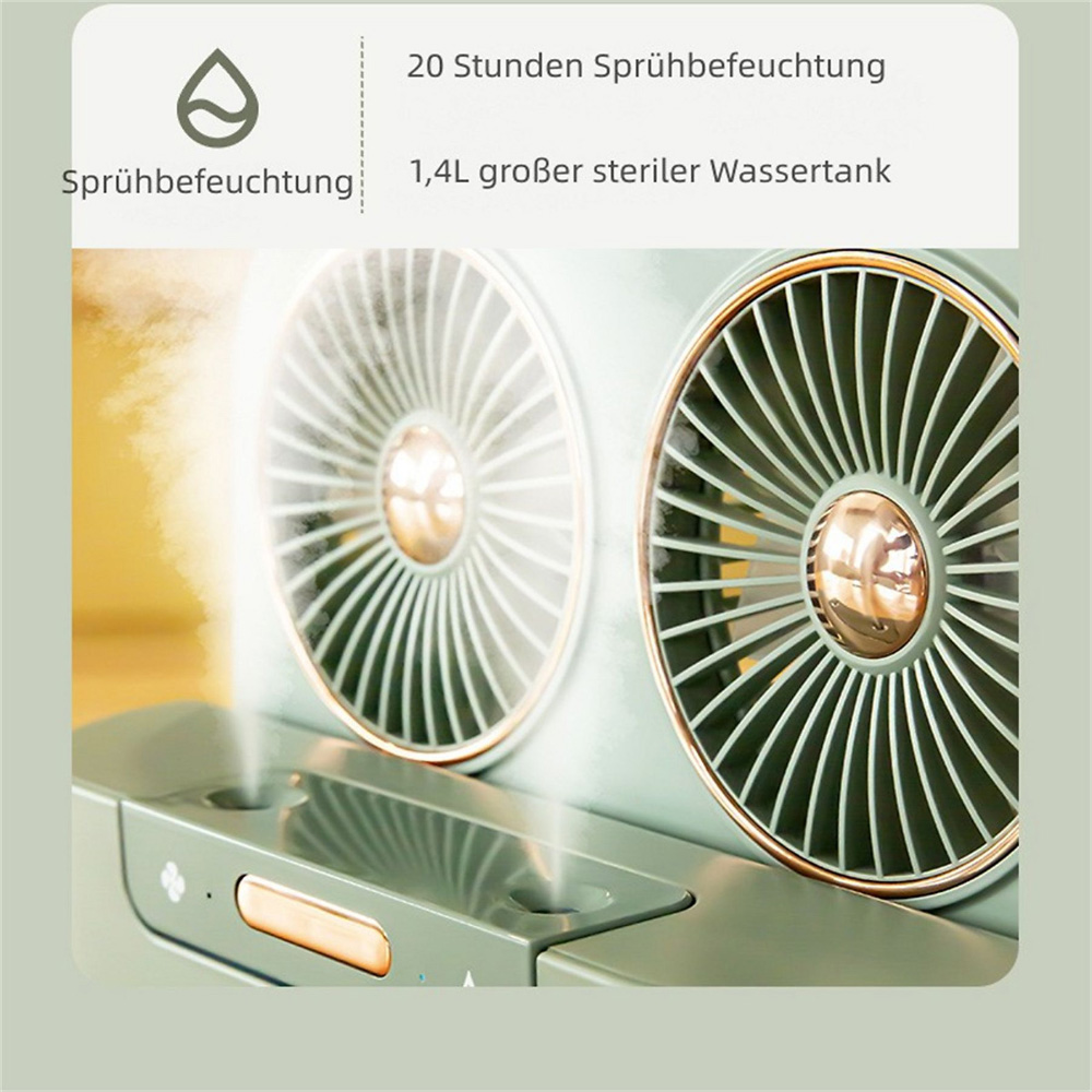 Ein grüner Ventilator mit zwei Lüftern gibt Dampf ab. Der Ventilator steht auf einer grünen Oberfläche.