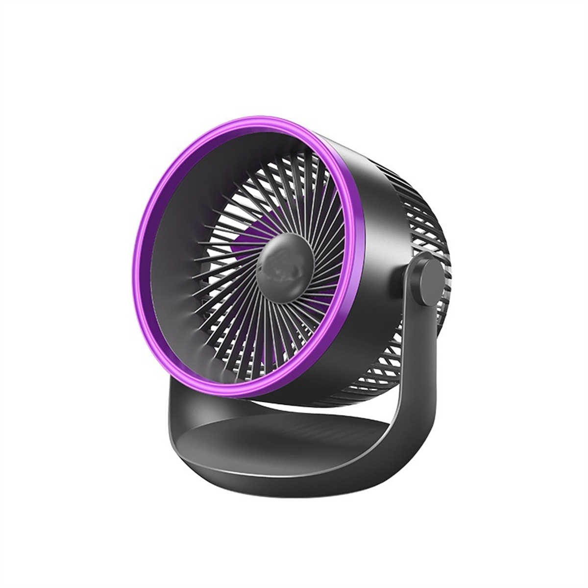 Schwarzer Ventilator mit einem lila Ring um die Flügel. Der Ventilator ist auf weißem Hintergrund.