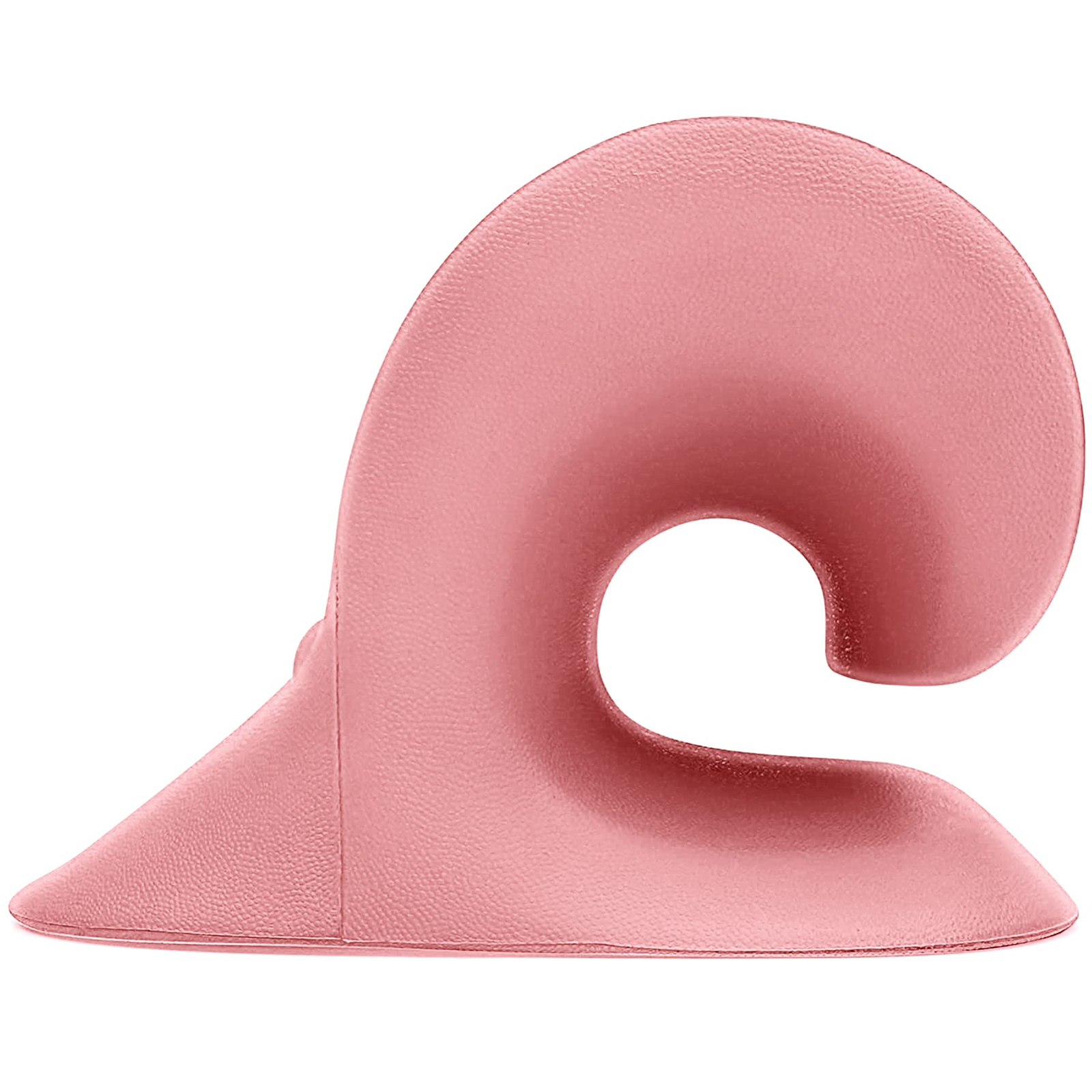 Nahaufnahme eines rosa Nackenstützkissens, das so geformt ist, dass es den Hals umschließt. Es hat ein geschwungenes Design mit einer zentralen Öffnung.