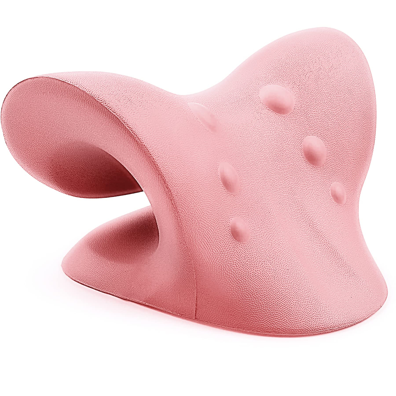 Ein rosa Nackenstützkissen. Es hat ein geschwungenes Design mit Unebenheiten und einer zentralen Öffnung für Nackenkomfort.