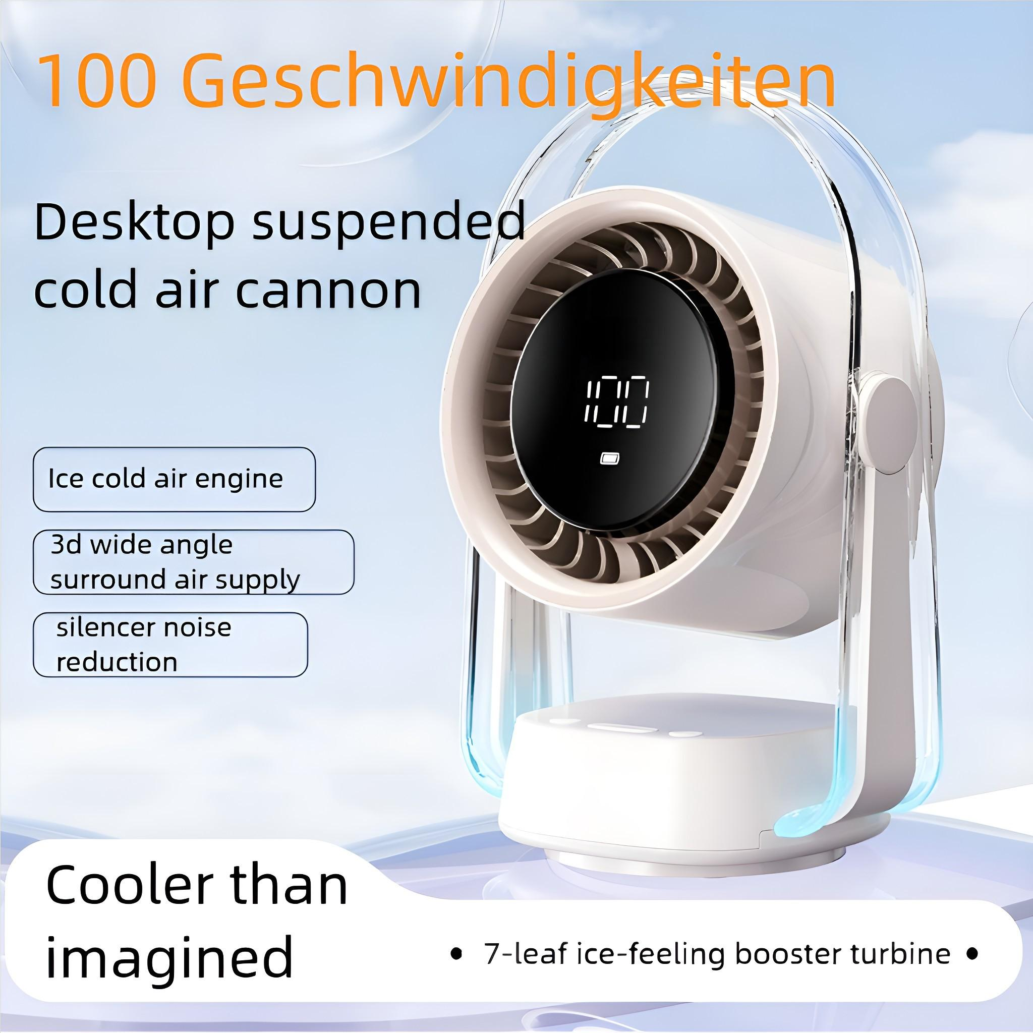Ein weißer Desktop-Luftkühler mit digitaler Anzeige und klarem Griff. Er hat ein rundes Design und ist als Kaltluftkanone gekennzeichnet.