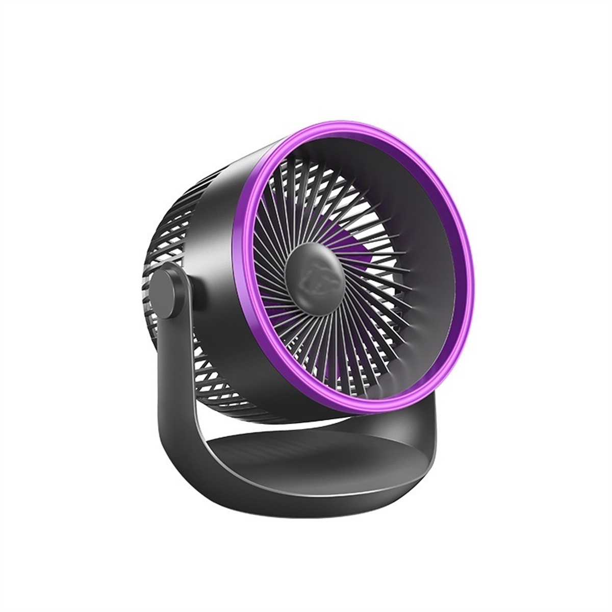 Schwarzer Ventilator mit lila Ring. Er befindet sich auf weißem Hintergrund.