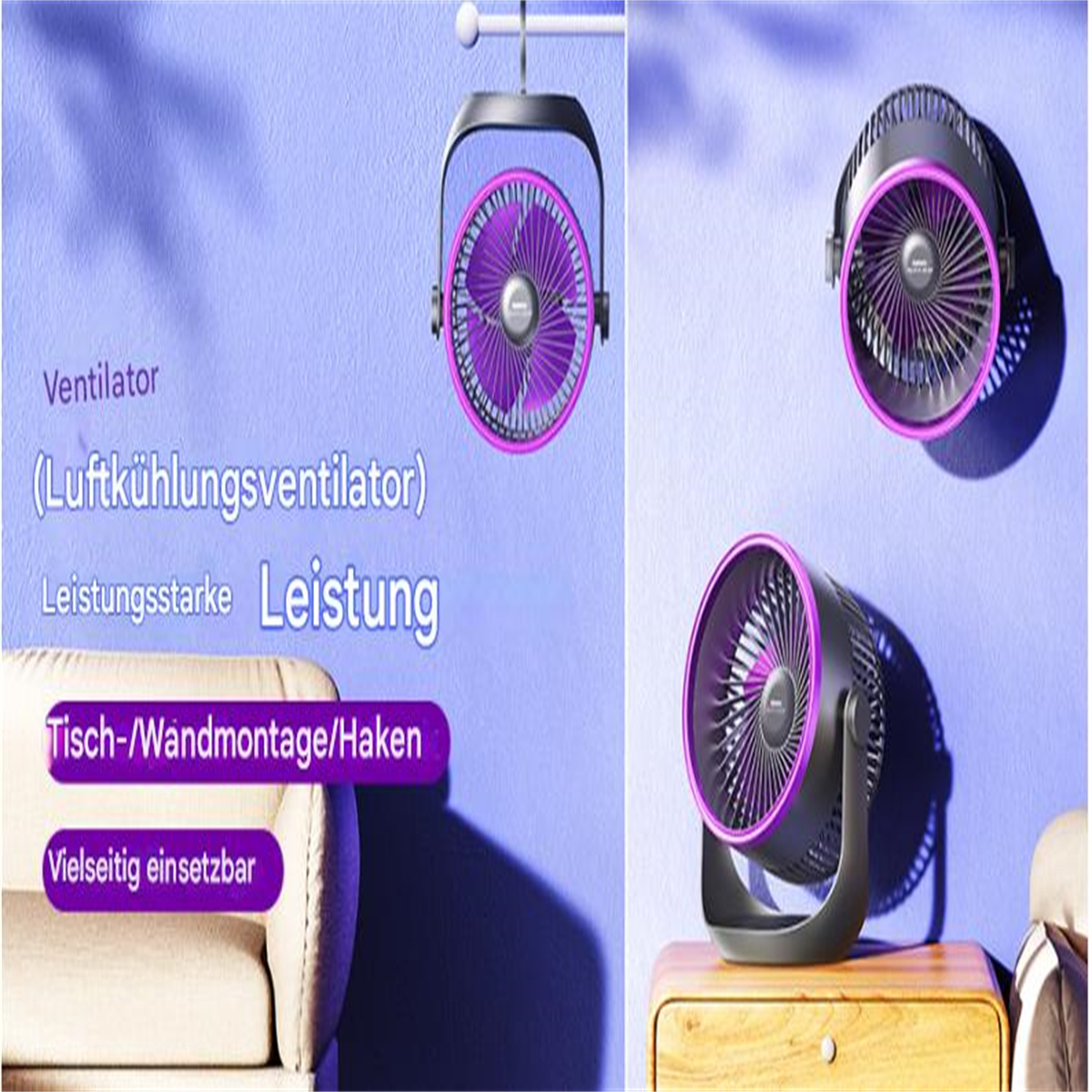 Drei Ventilatoren, einer hängend, zwei weitere auf einer Oberfläche. Alle lila mit silbernem Rahmen.