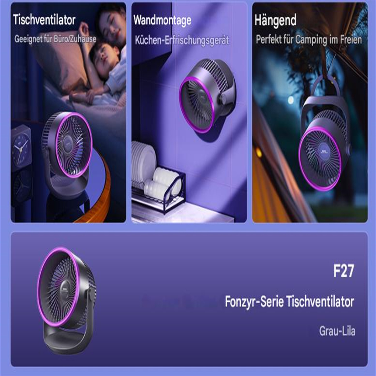 Mehrere Bilder eines lila-silbernen Ventilators mit Text zum Produkt.