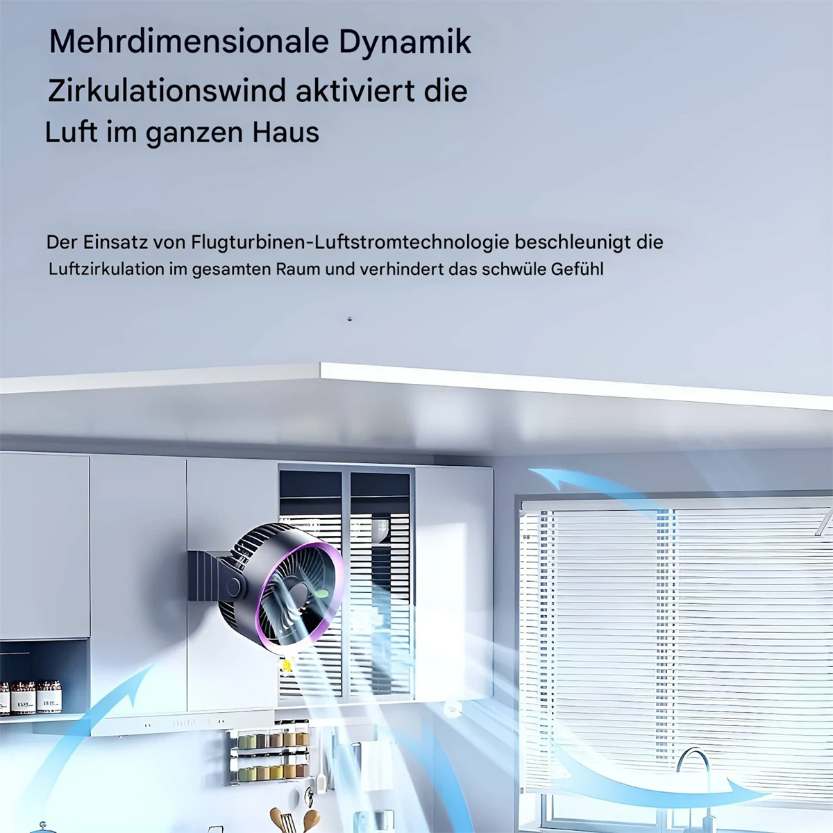Ein Ventilator ist an einem weißen Schrank montiert. Text ist auf Deutsch.