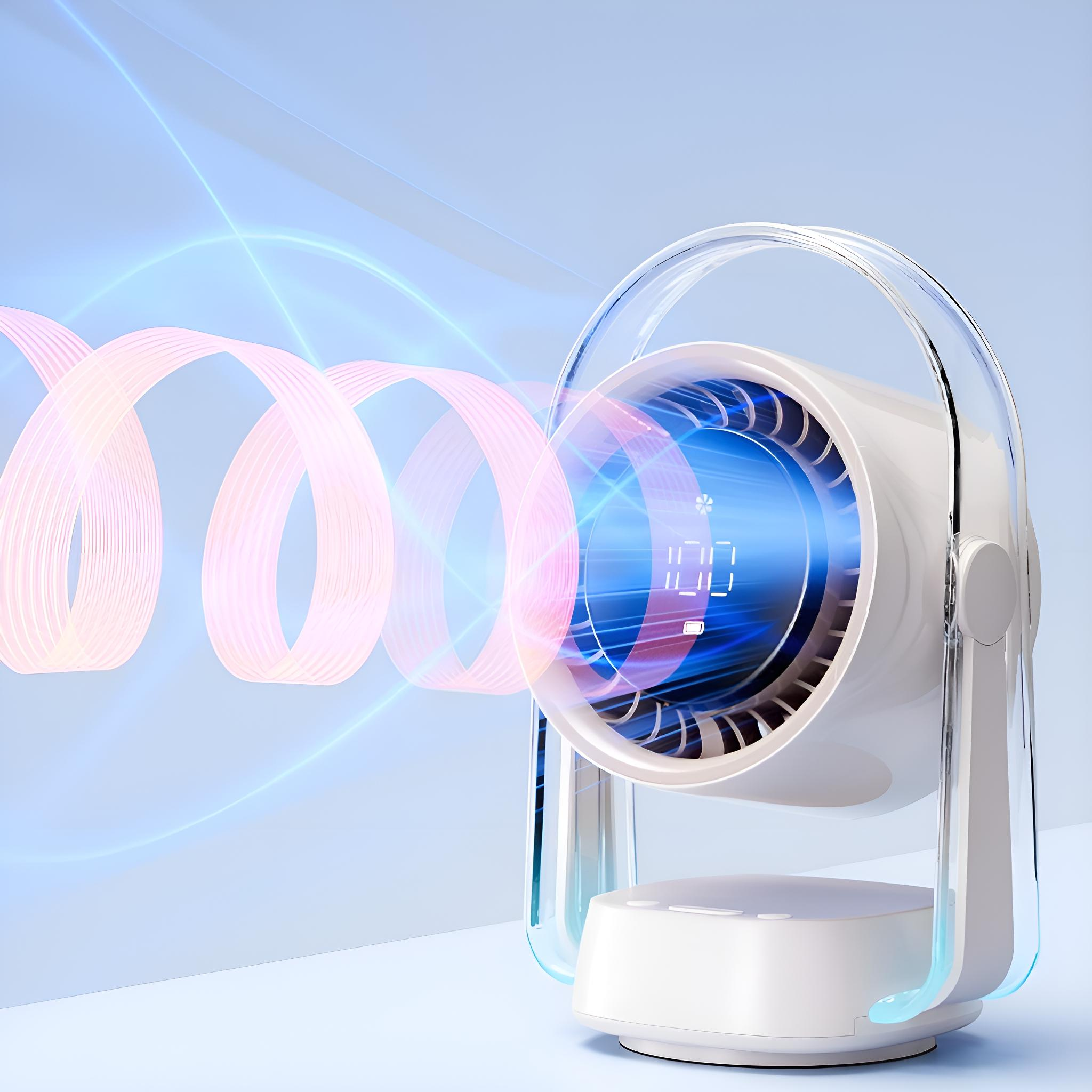 Ein weißer Ventilator mit transparentem Griff, der den Luftstrom zeigt. Ein digitales Display ist sichtbar.