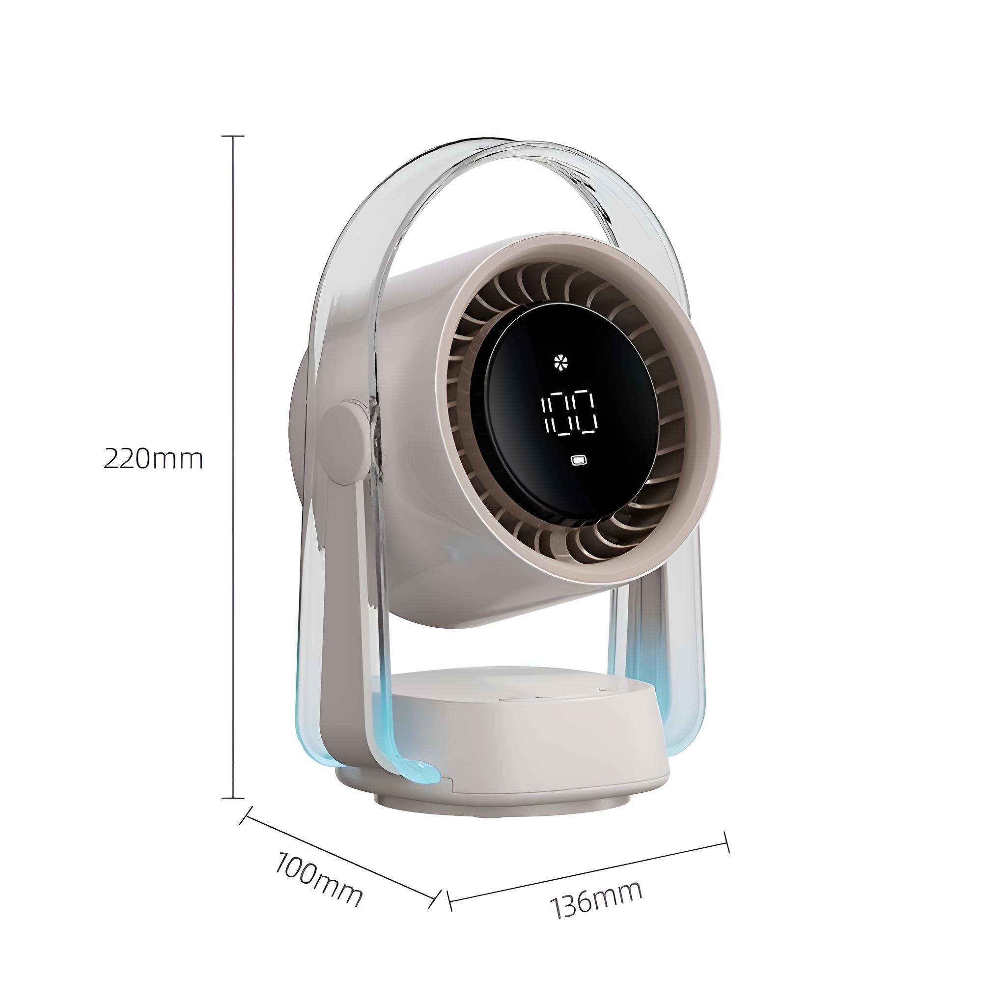 Ein beiger Ventilator mit angegebenen Abmessungen. Er hat einen transparenten Griff und ein digitales Display.