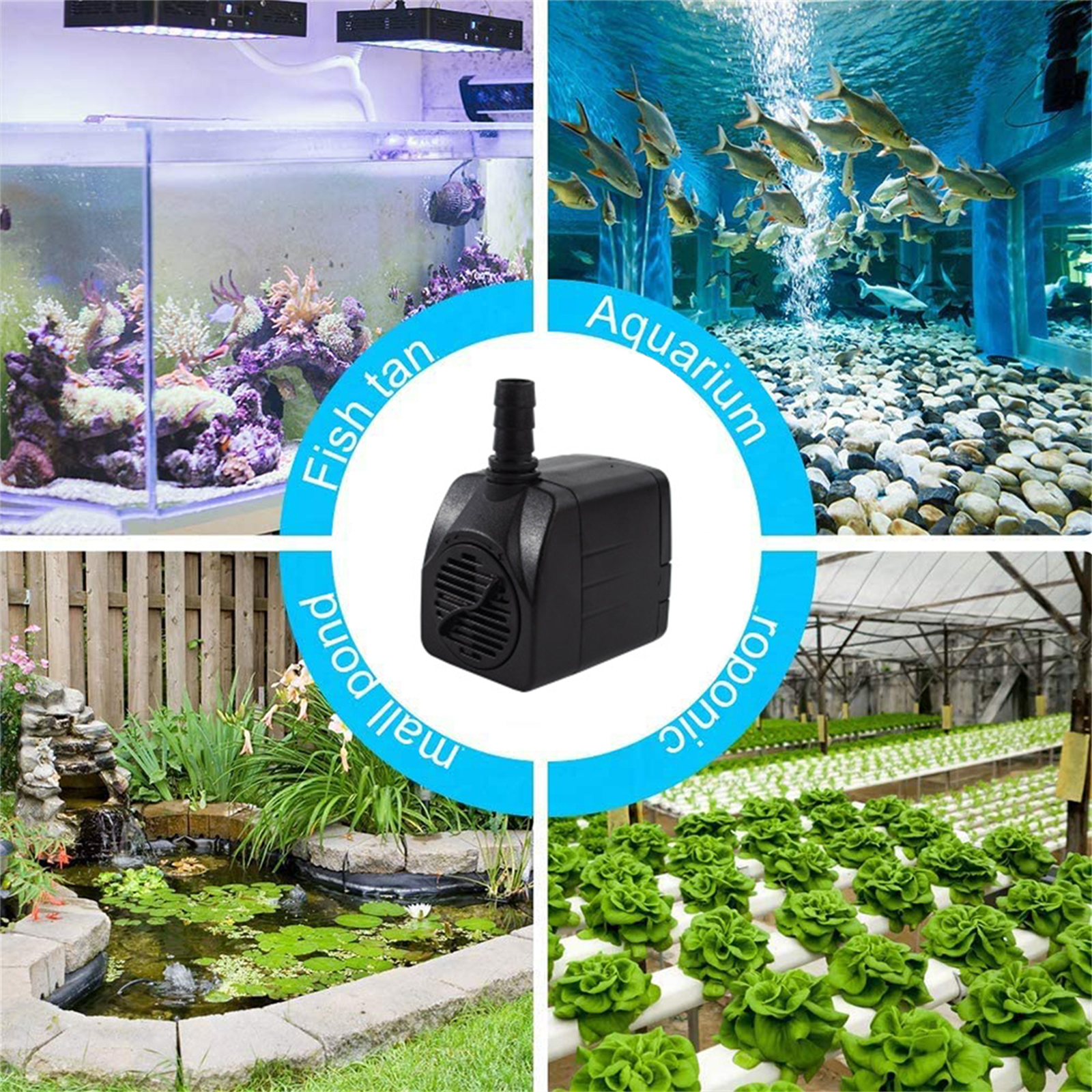 Collage, das eine schwarze Wasserpumpe zeigt, die in verschiedenen aquatischen und hydroponischen Umgebungen verwendet wird.