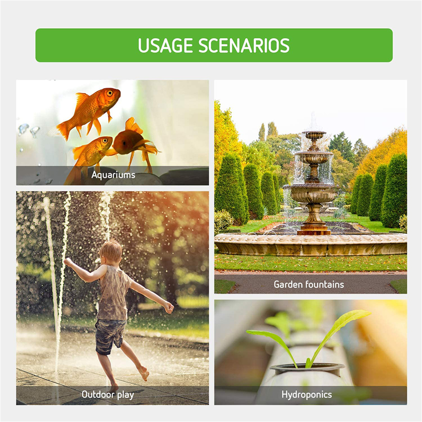 Collage, das die Verwendungsszenarien der Wasserpumpe zeigt, einschließlich Aquarien, Brunnen, Spielen und Hydroponik.