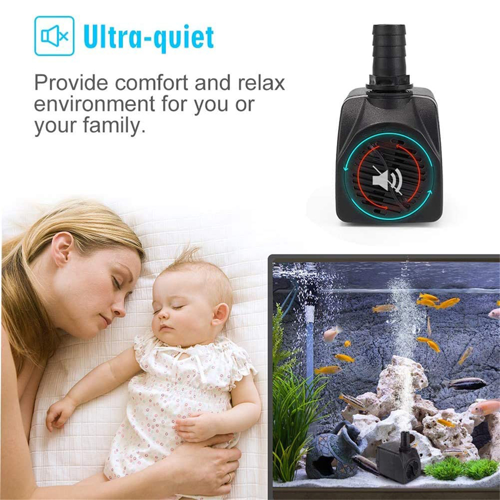 Das Bild zeigt eine schwarze Wasserpumpe neben einem schlafenden Baby und einem Aquarium.