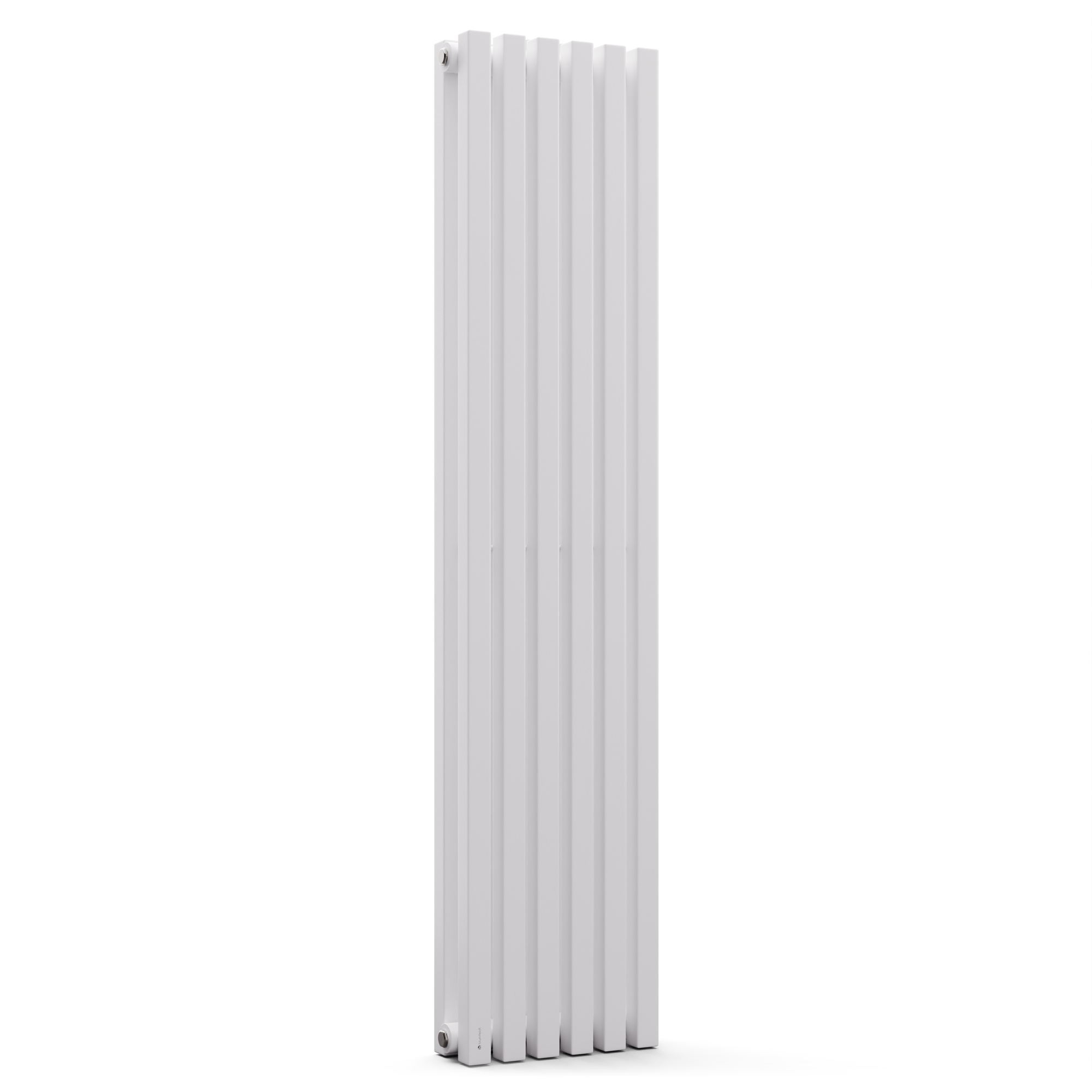 Un radiatore verticale alto e bianco con un design a coste, isolato su sfondo bianco.