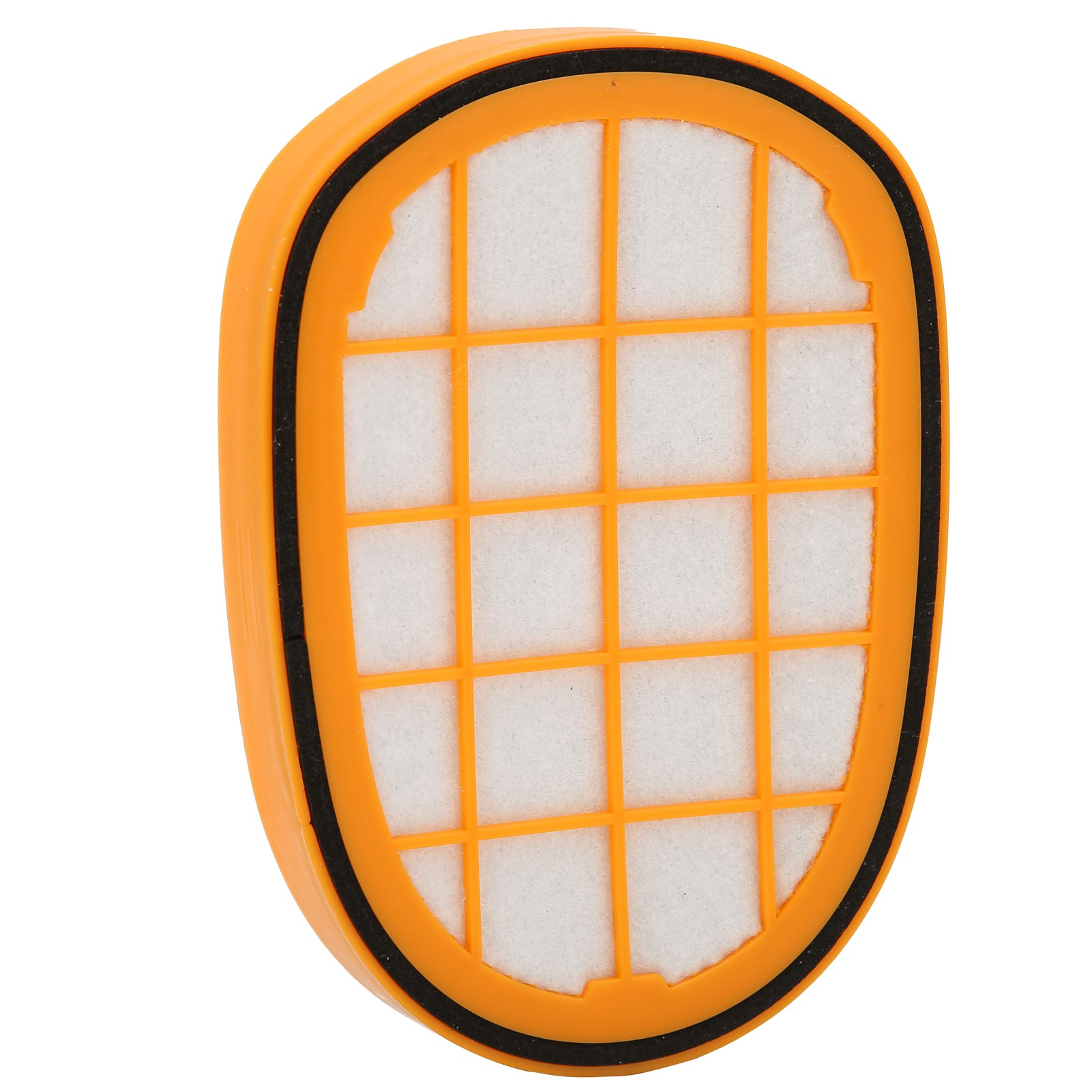 Ein orangefarbener Filter mit einem weißen Netzgitter und einem schwarzen Rand.