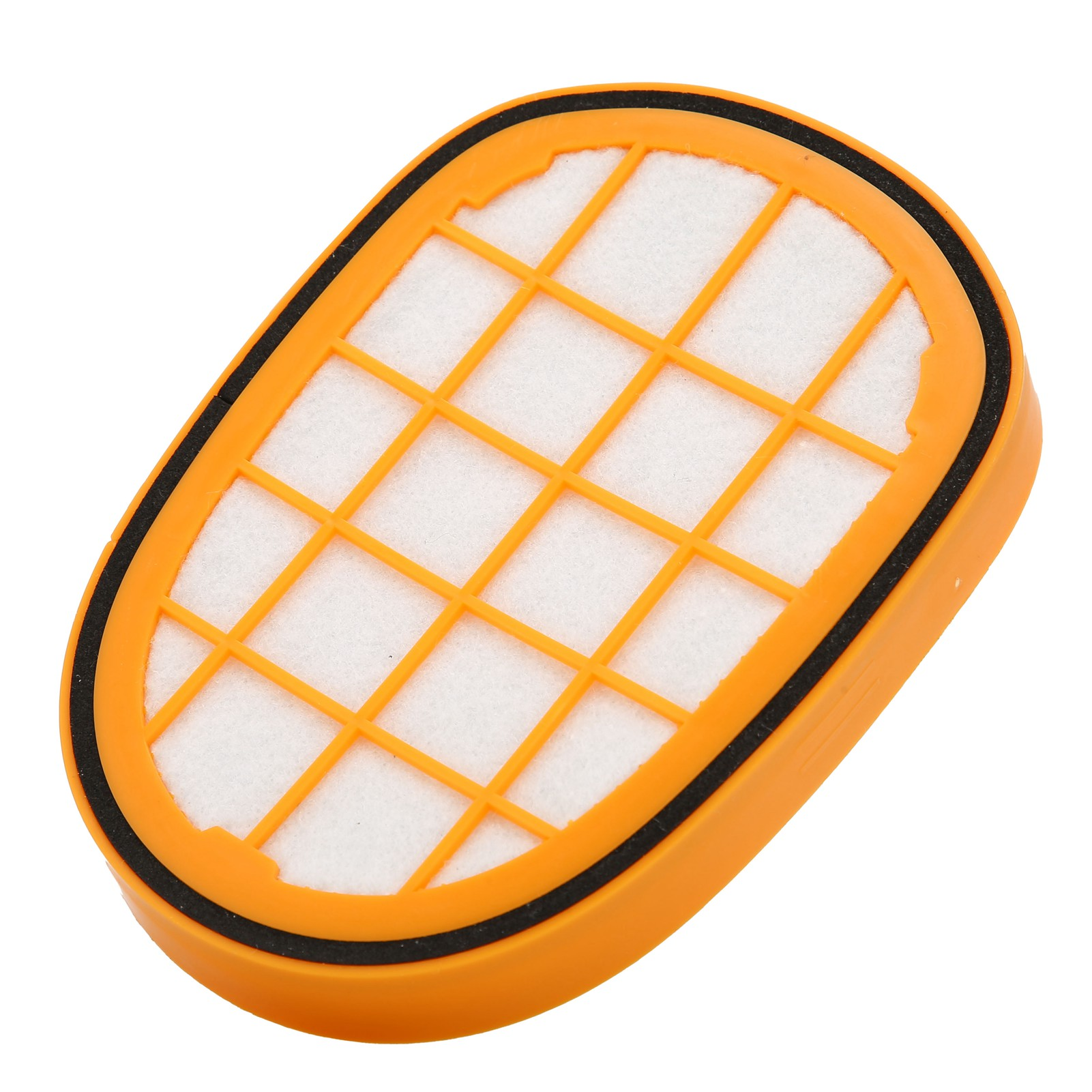 Ein orangefarbener Filter mit einem weißen Netzgitter und einem schwarzen Rand.