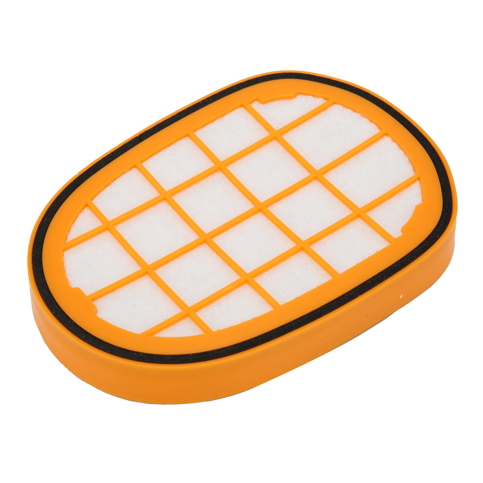 Das orange Filtergehäuse mit dem schwarzen Filter und dem weißen Netz.