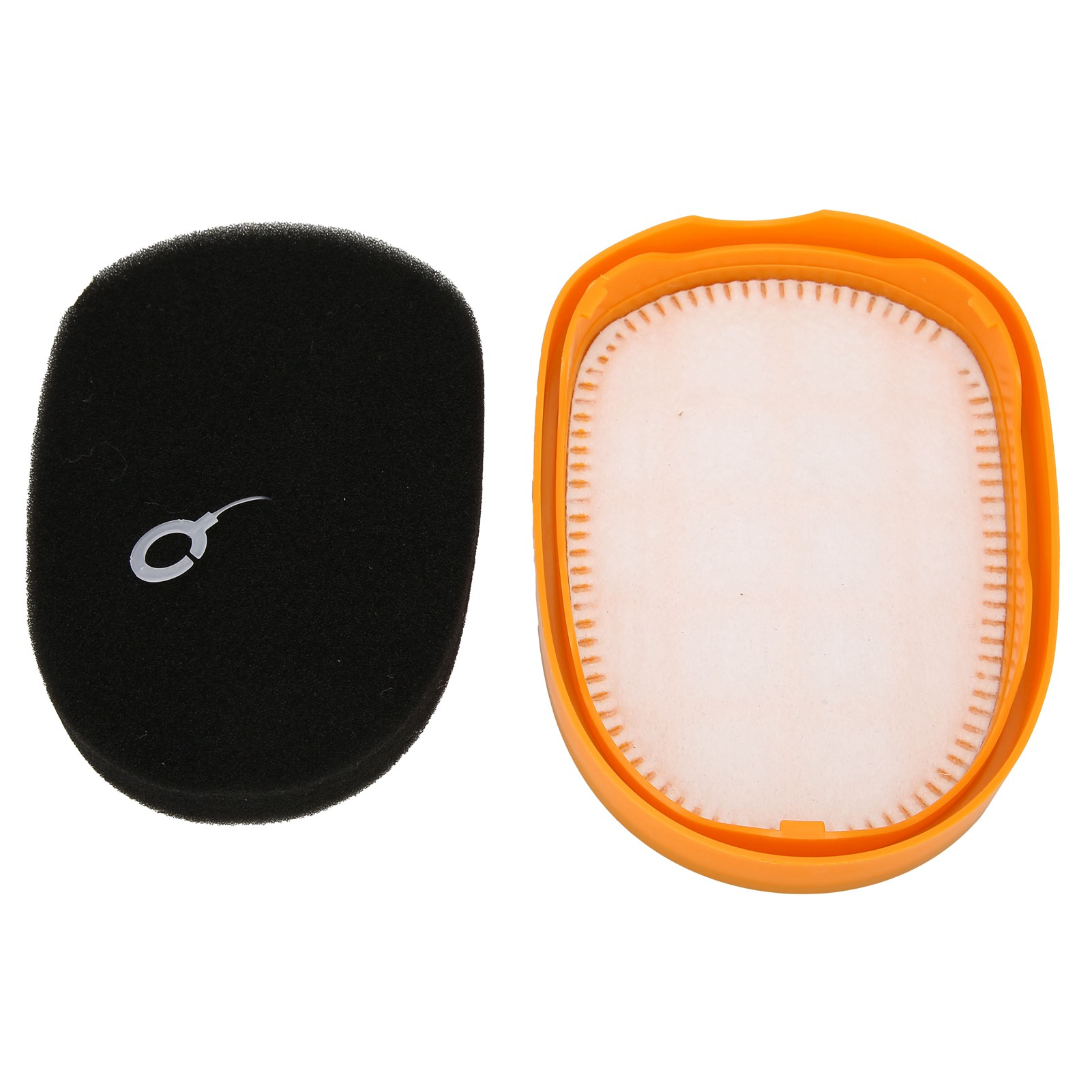 Ein schwarzer Schaumstoff mit weißem Ring, in einem orangefarbenen Filtergehäuse.
