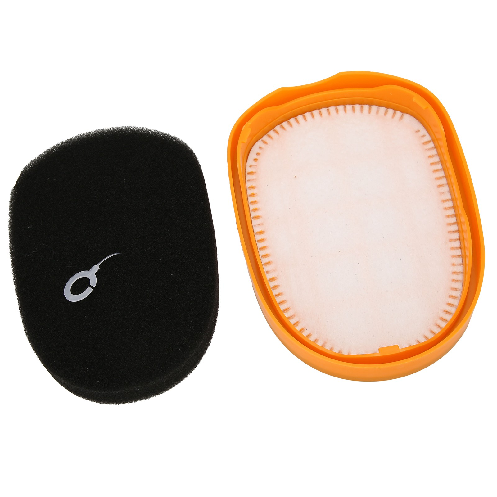 Schwarzer Schwammfilter neben einem orangefarbenen Filterrahmen mit einem weißen Filter im Inneren.