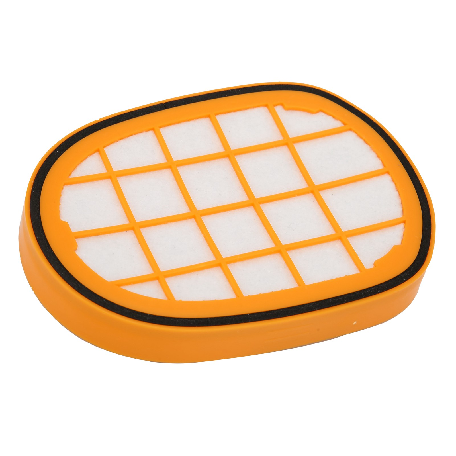 Ein orangefarbener Filter mit schwarzem Rand und einem weißen Gittermuster im Inneren.