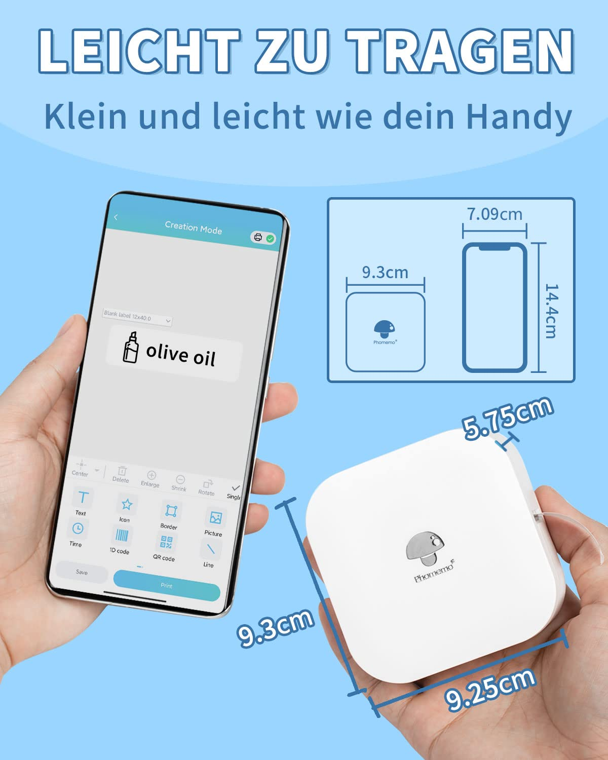 Ein weißer Etikettendrucker, der mit einem Telefon abgebildet ist, das eine Etikettendesignoberfläche anzeigt.