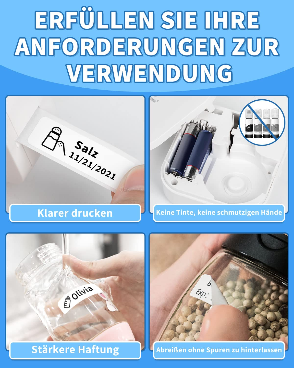Collage mit Anwendungsfällen für Etikettendrucker: Beschriften von Gläsern, Batterien und mehr.