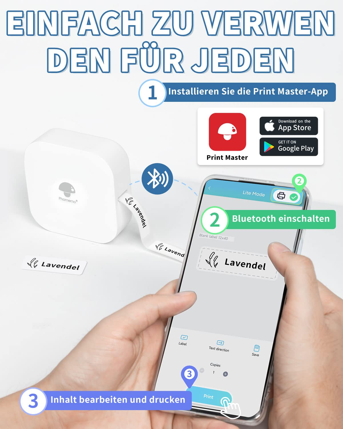 Ein weißer Etikettendrucker mit einem Telefon, das die App-Oberfläche zur Etikettenerstellung anzeigt.