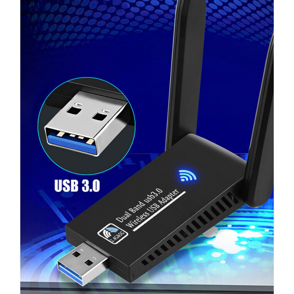 Ein Dualband-Wireless-USB-Adapter mit zwei Antennen.
