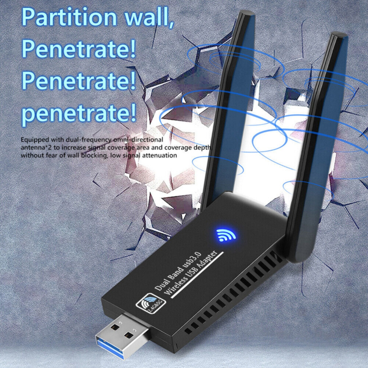 Ein schwarzer USB-Adapter mit zwei Antennen wird vor einem Hintergrund mit einer rissigen Wand gezeigt.