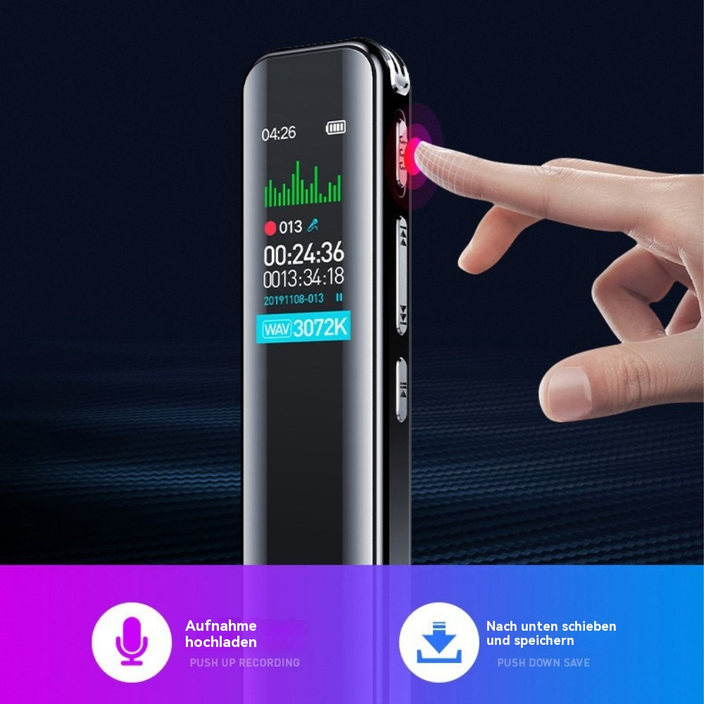 Ein schwarzer Audiorecorder zeigt Wellenformdaten und Timecodes an, wobei ein Finger die Aufnahmetaste drückt.