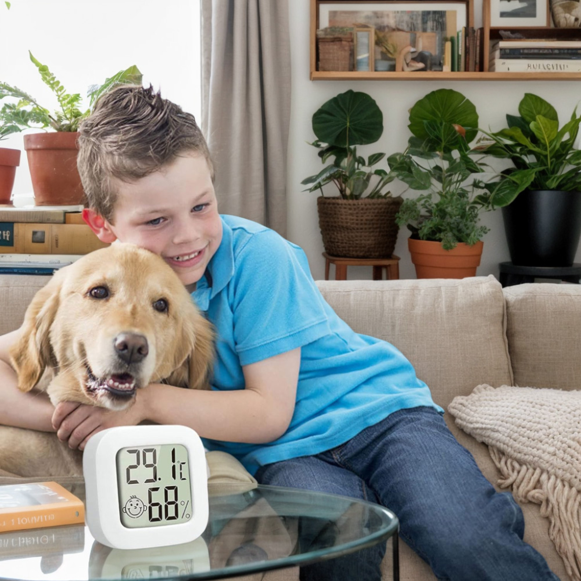 Ein Junge umarmt einen Golden Retriever. Ein kleines weißes Thermometer zeigt Temperatur und Luftfeuchtigkeit.