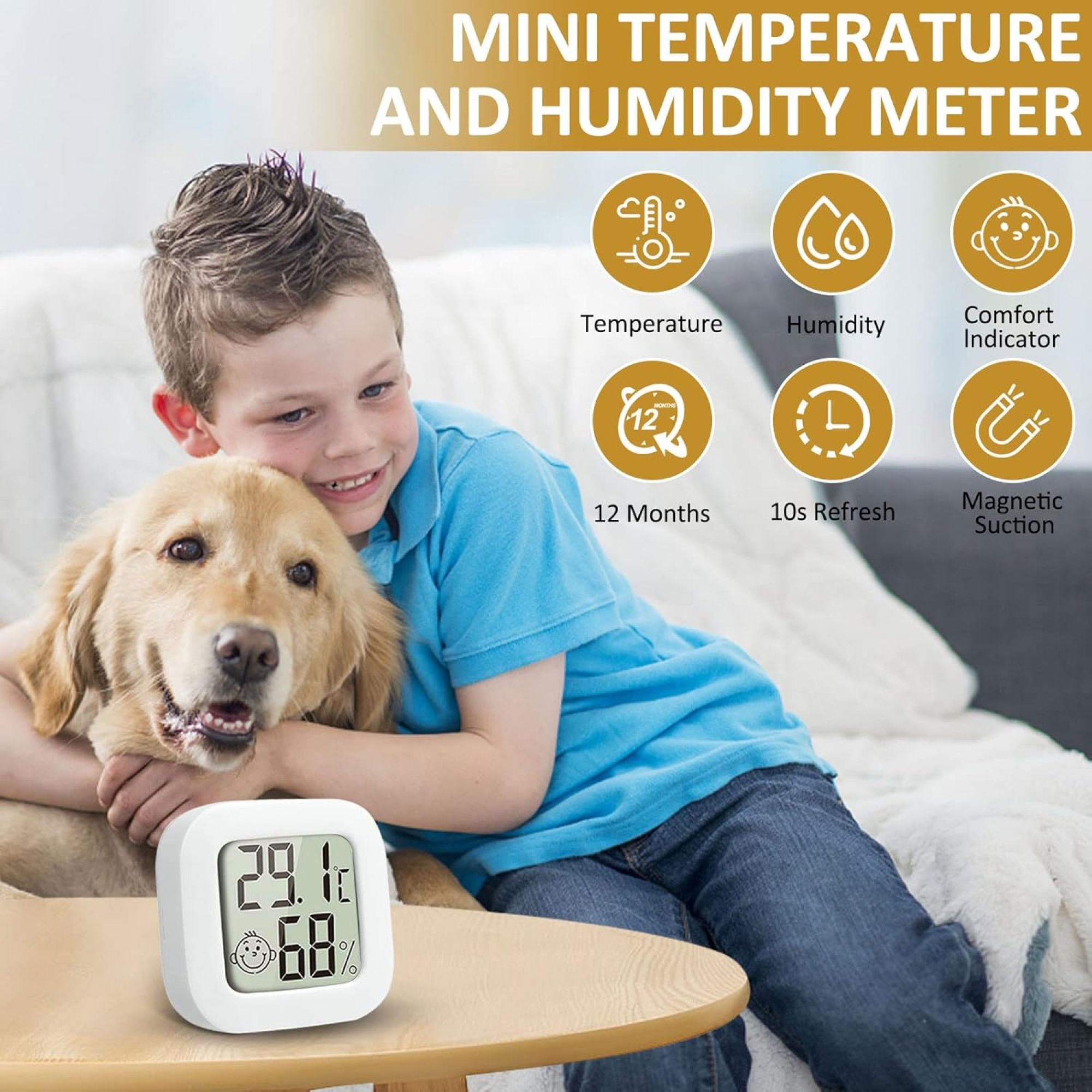 Ein Junge umarmt einen Golden Retriever. Ein weißes Messgerät zeigt Temperatur und Luftfeuchtigkeit. Infografiken werden angezeigt.