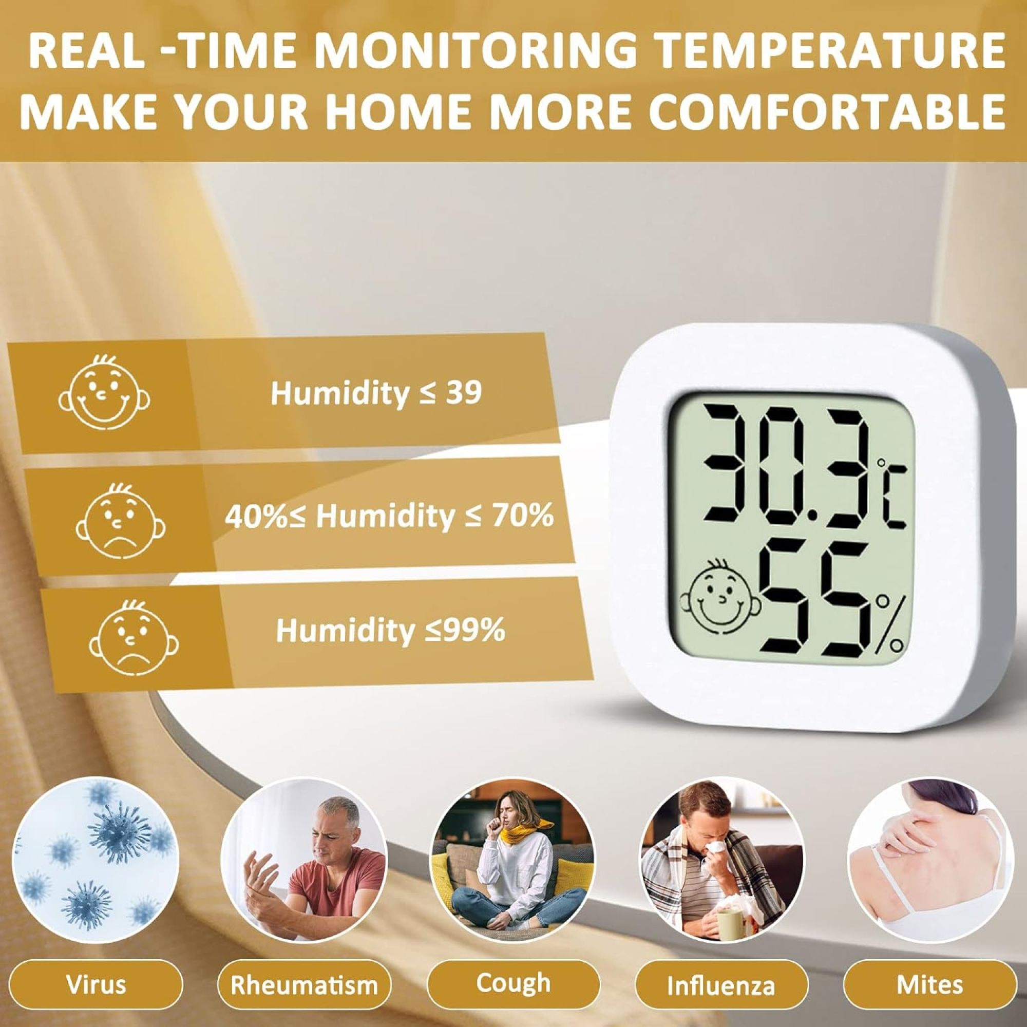 Ein weißes Thermometer, das Luftfeuchtigkeit und Temperatur anzeigt. Zeigt Informationen über die Gesundheit an.