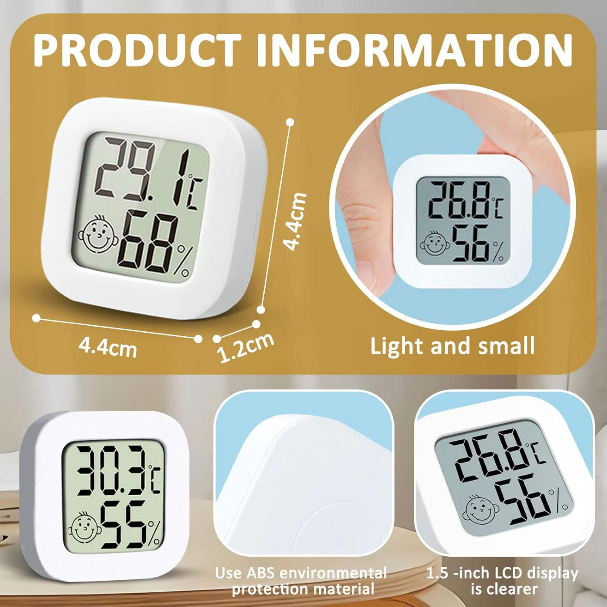 Ein weißes Thermometer, das Temperatur und Luftfeuchtigkeit anzeigt. Informationen zum Produkt werden angezeigt.