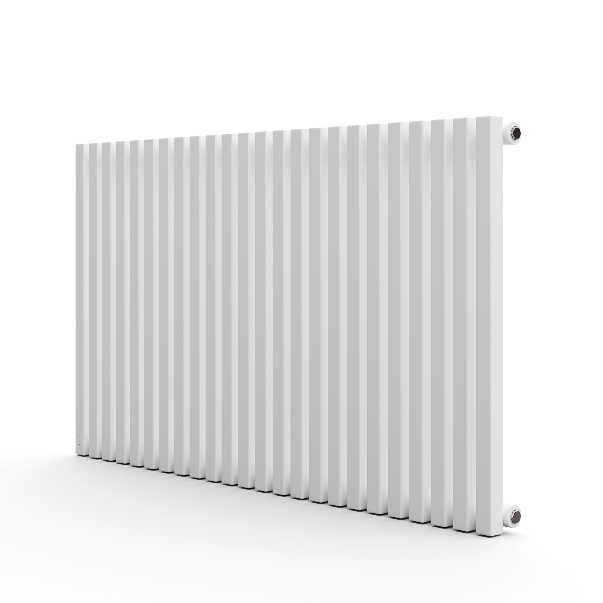 Un radiatore verticale bianco inclinato verso destra, con molte barre verticali sottili e distanziate uniformemente, sfondo bianco.