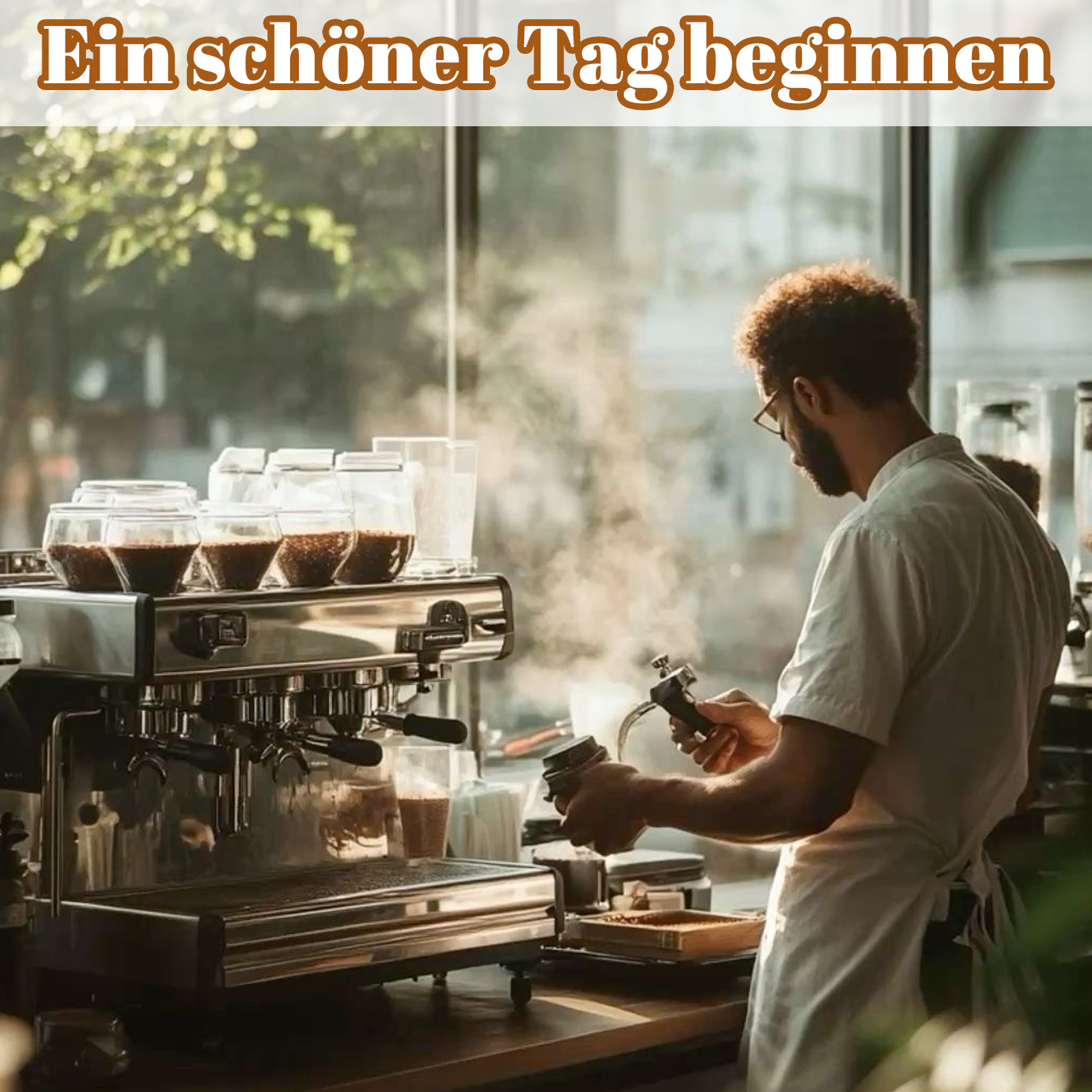 Das Bild zeigt einen Mann in einem Café, der mit einer Espressomaschine Kaffee zubereitet. Es ist ein sonniger Tag.