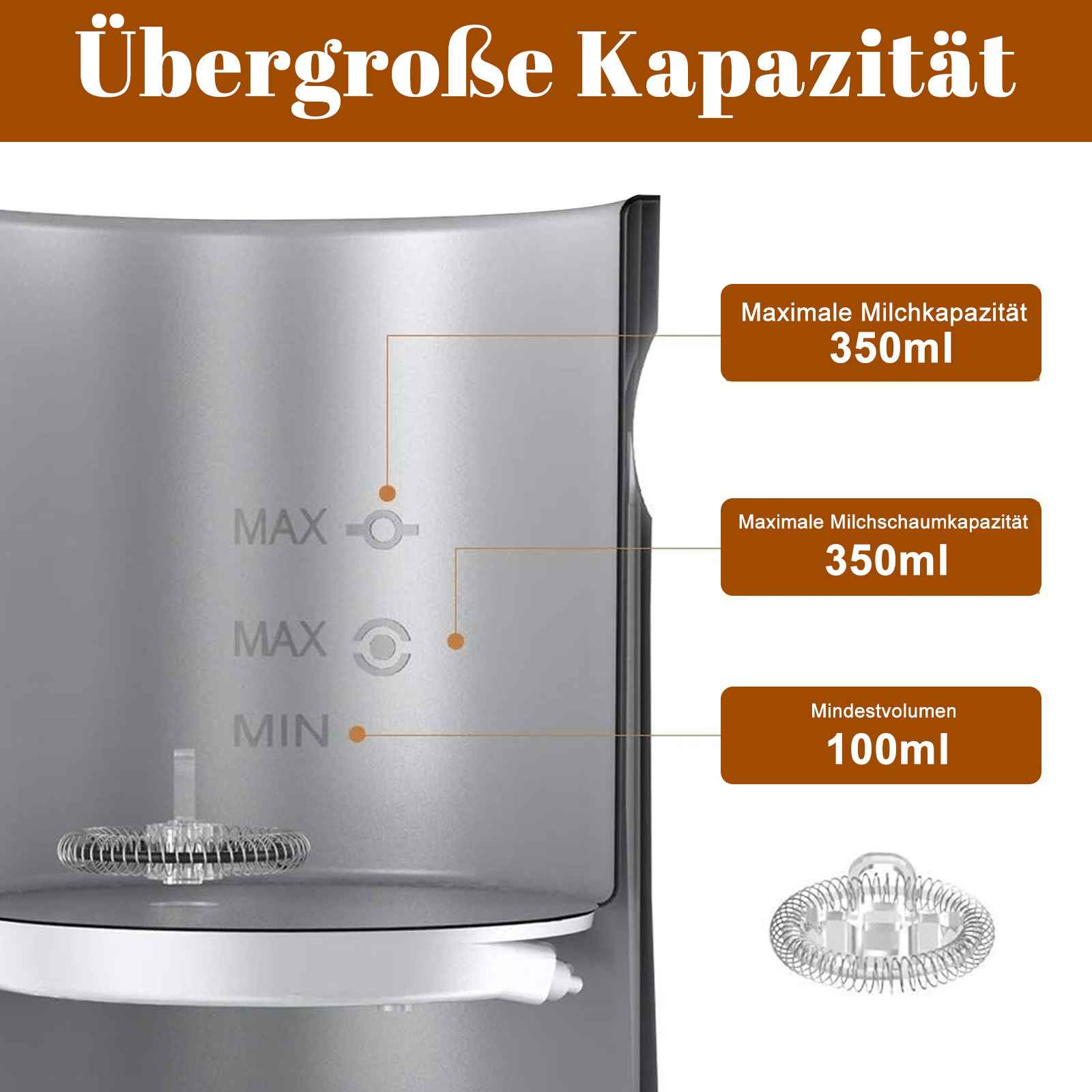 Das Bild zeigt das Innere eines Milchaufschäumers mit maximalen und minimalen Füllständen. Das Fassungsvermögen beträgt 350 ml.