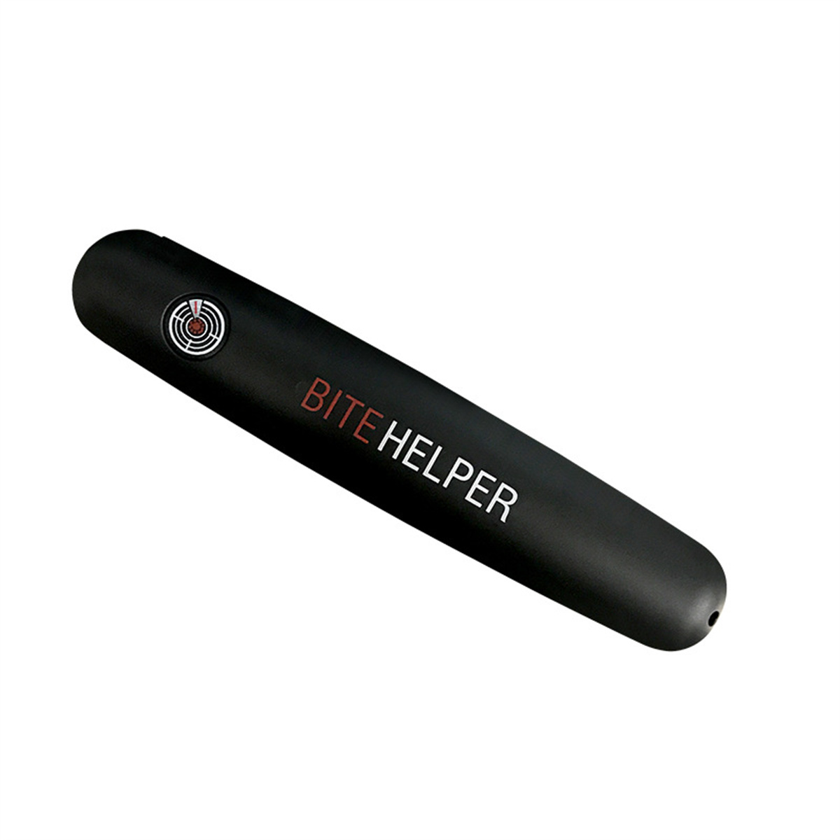 Schwarzes Bite Helper-Gerät mit Logo und Text. Es hat eine zylindrische Form.