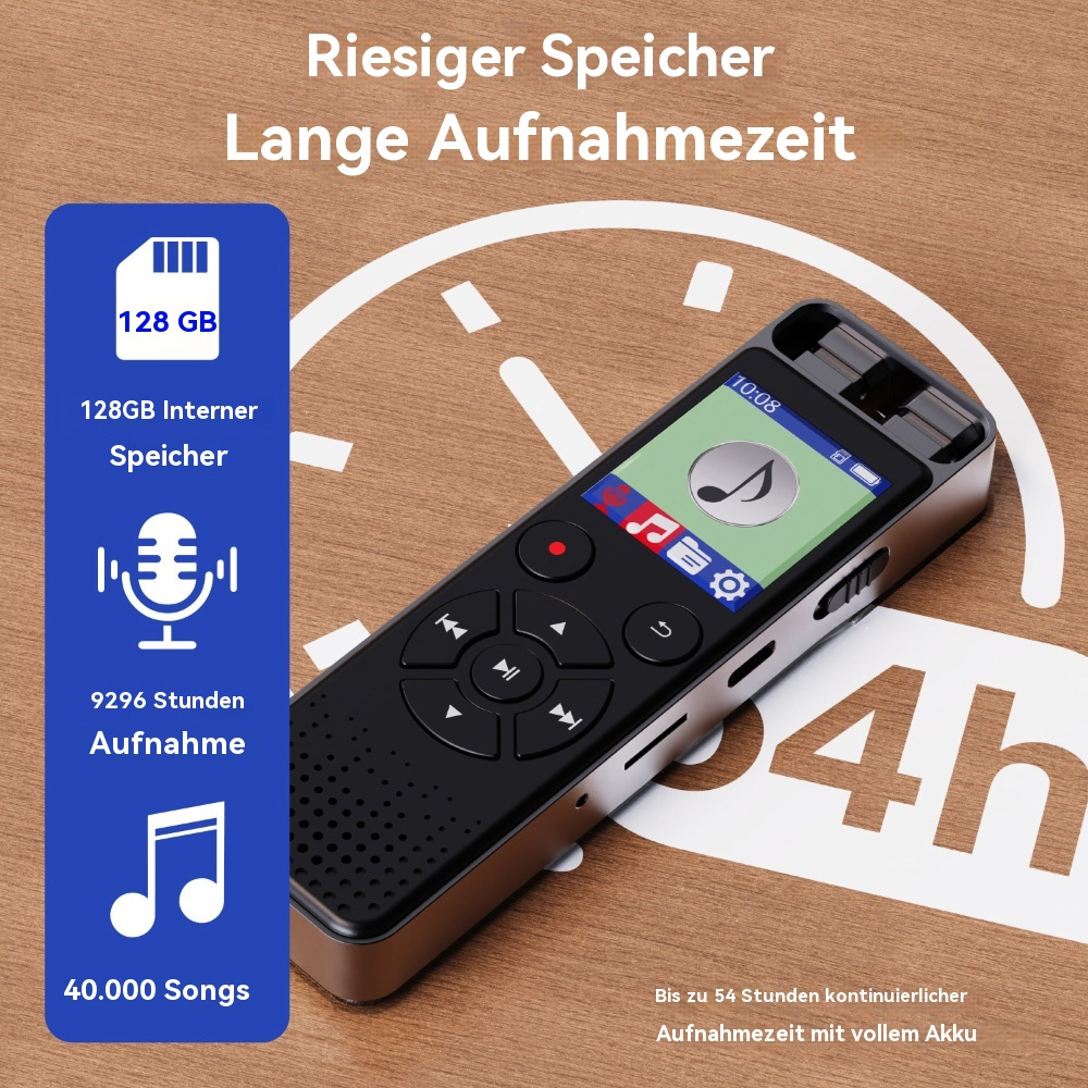 Das Bild zeigt einen schwarzen digitalen Diktiergerät mit 128 GB Kapazität und 9296 Stunden Aufnahmezeit.