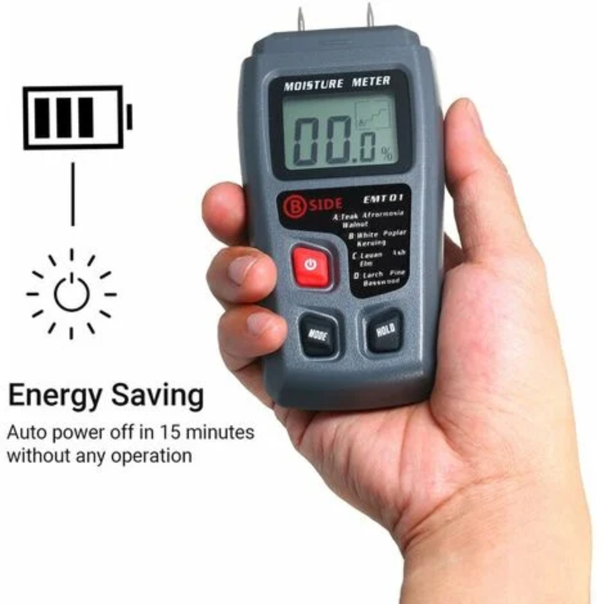 Eine Hand hält ein graues Feuchtigkeitsmessgerät mit 00,0 % auf dem Display, mit Energiespartext und Batteriesymbol.