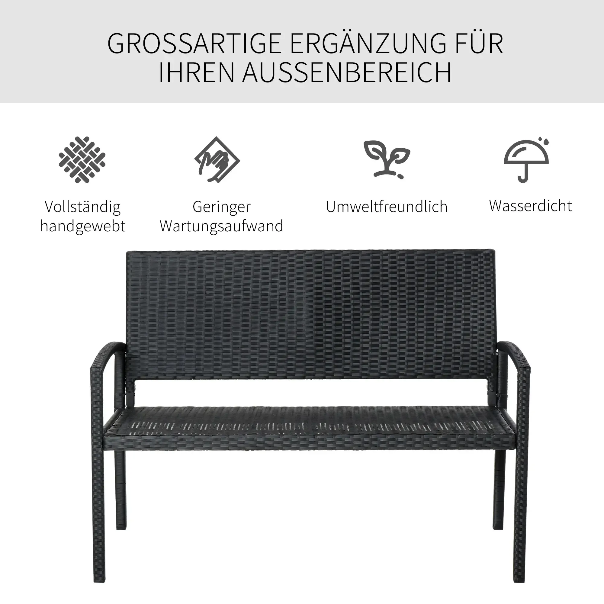 Schwarze Korbgeflechtbank mit Armlehnen, mit Textüberlagerungen, die Produktmerkmale angeben.