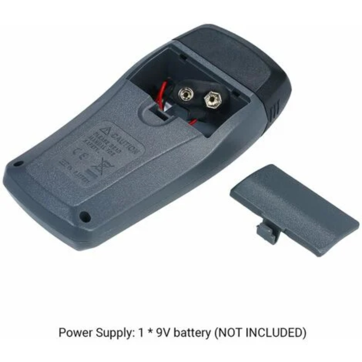 Die Rückseite eines grauen Feuchtigkeitsmessgeräts mit geöffnetem Batteriefach, das die Batteriekontakte zeigt.
