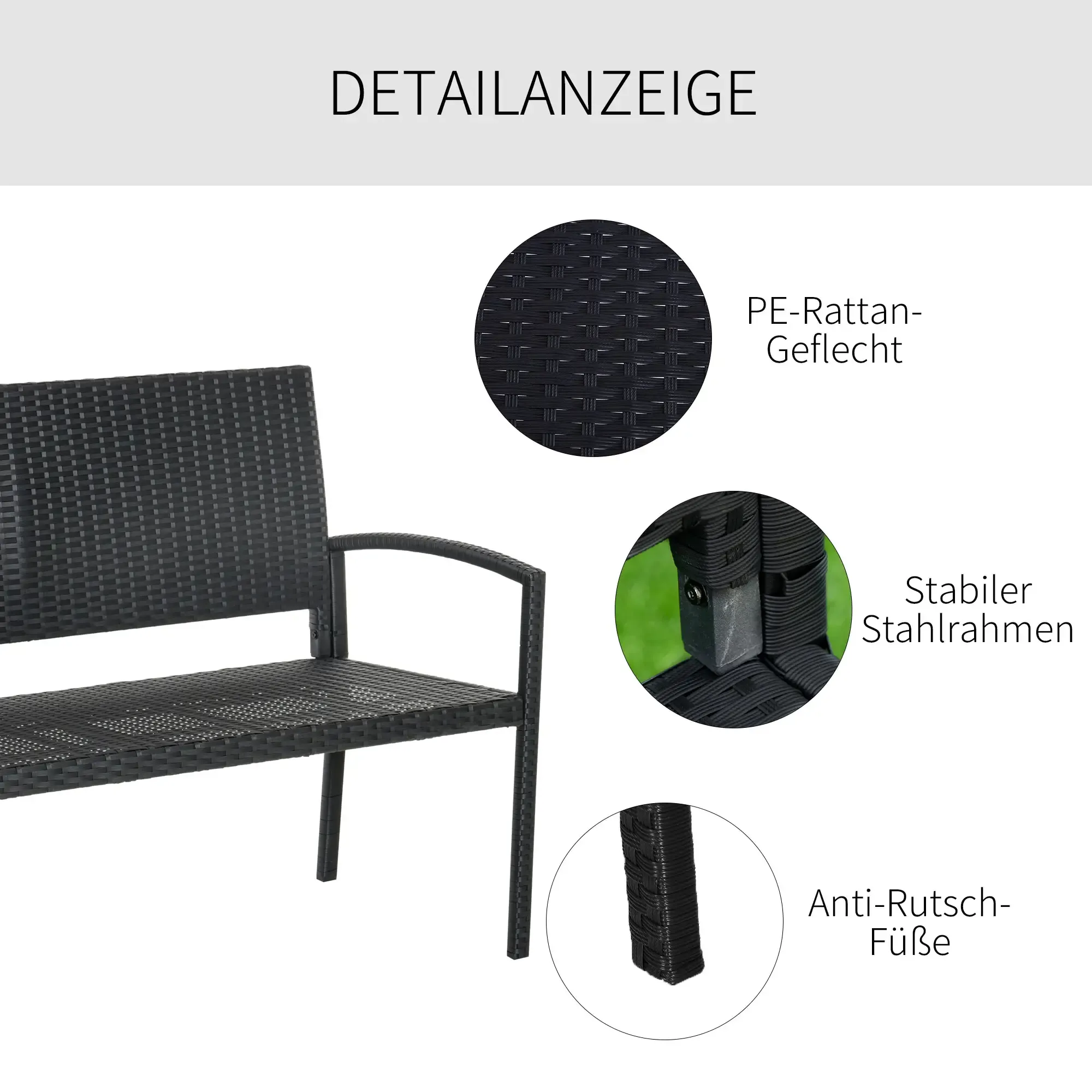 Eine Nahaufnahme einer schwarzen Korbgeflechtbank mit Detailbeschriftungen auf weißem Hintergrund.
